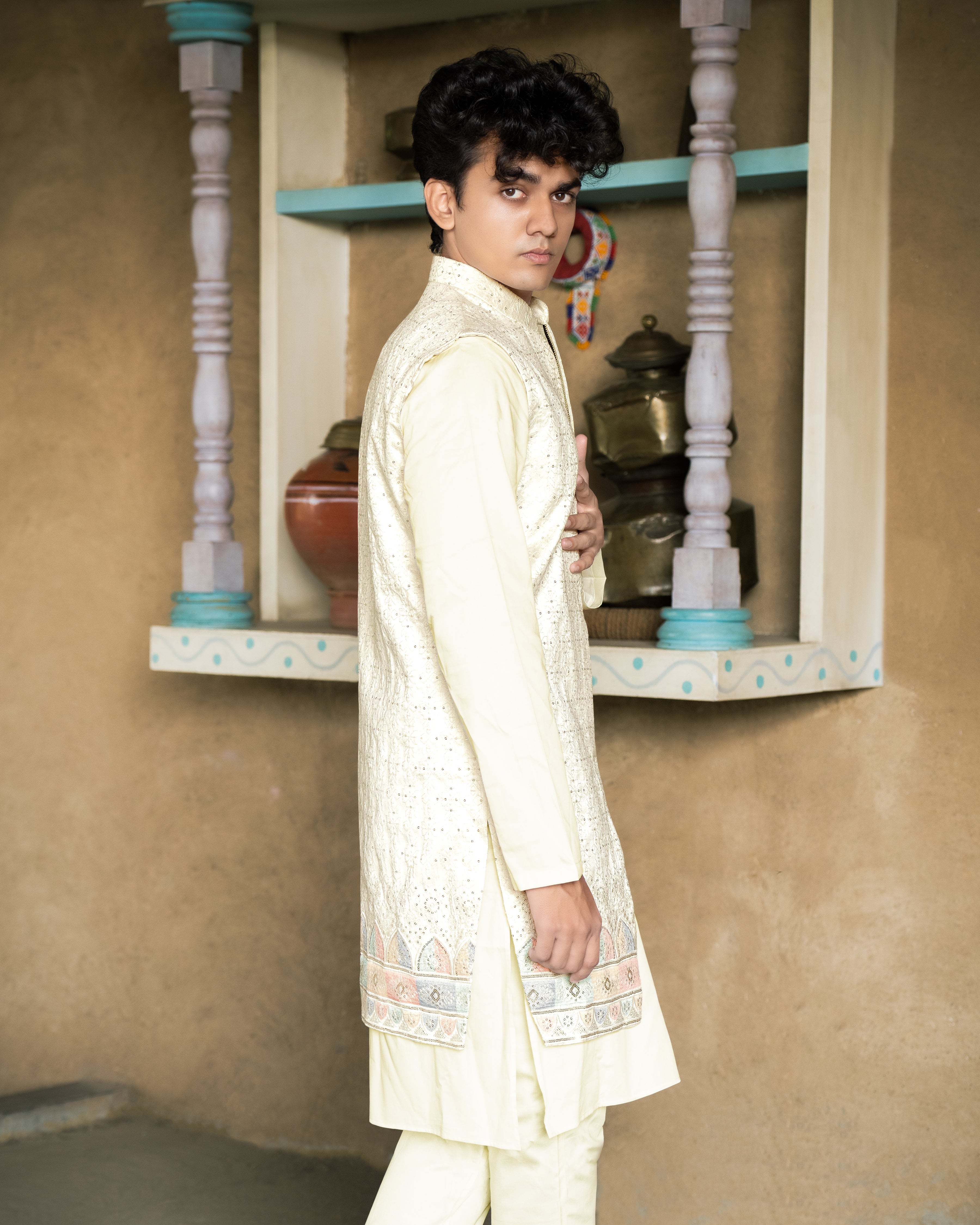 Mercury Beige Bandhgala Sherwani with Kurta, Pyjama and Half-Sleeved Jacket