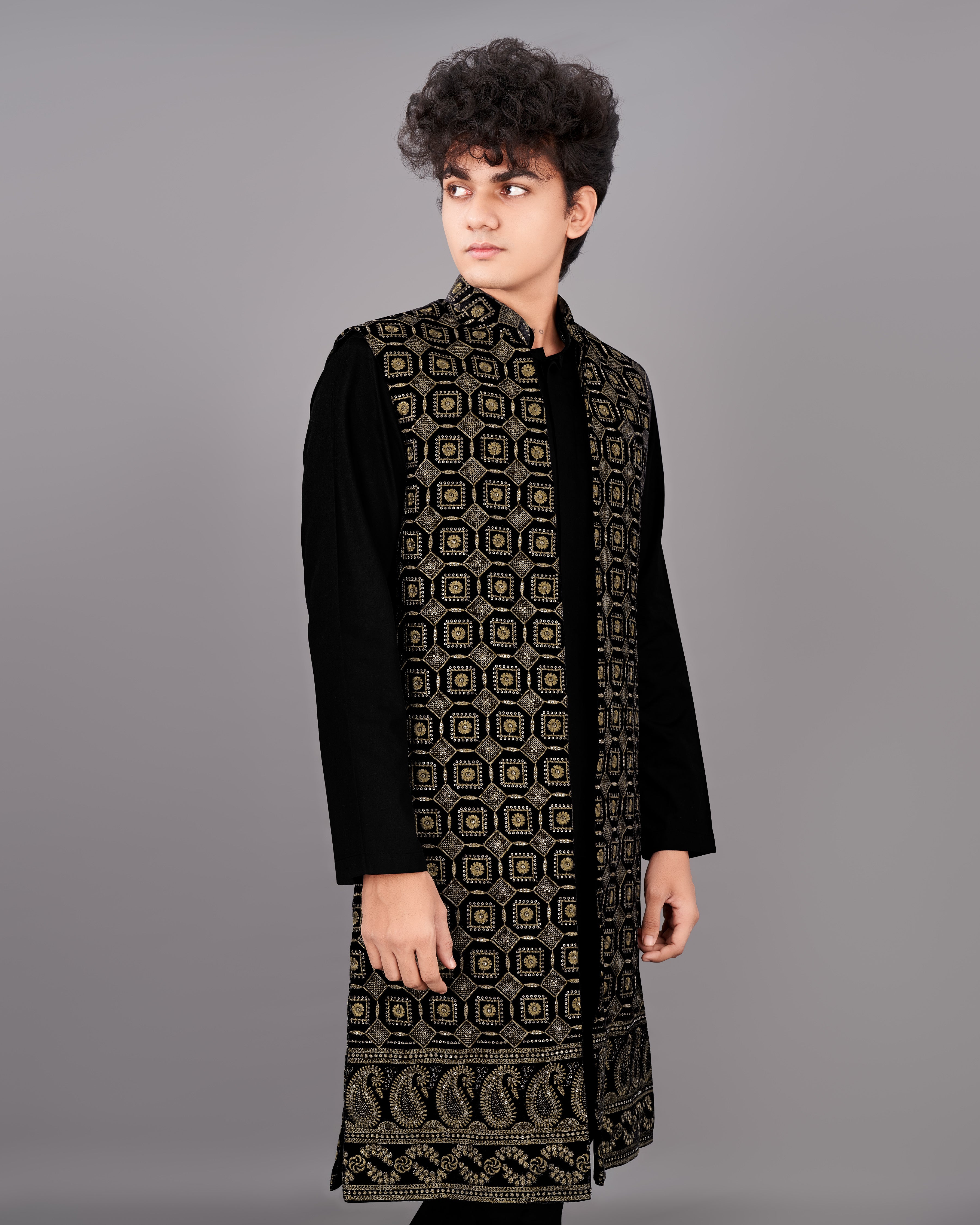 Jade Black with Moccasin Brown Sleeveless Embroidered Indo-Western SHR017-SRW16-36, SHR017-SRW16-38, SHR017-SRW16-40, SHR017-SRW16-42, SHR017-SRW16-44, SHR017-SRW16-46, SHR017-SRW16-48, SHR017-SRW16-50, SHR017-SRW16-52, SHR017-SRW16-54, SHR017-SRW16-56, SHR017-SRW16-58, SHR017-SRW16-60