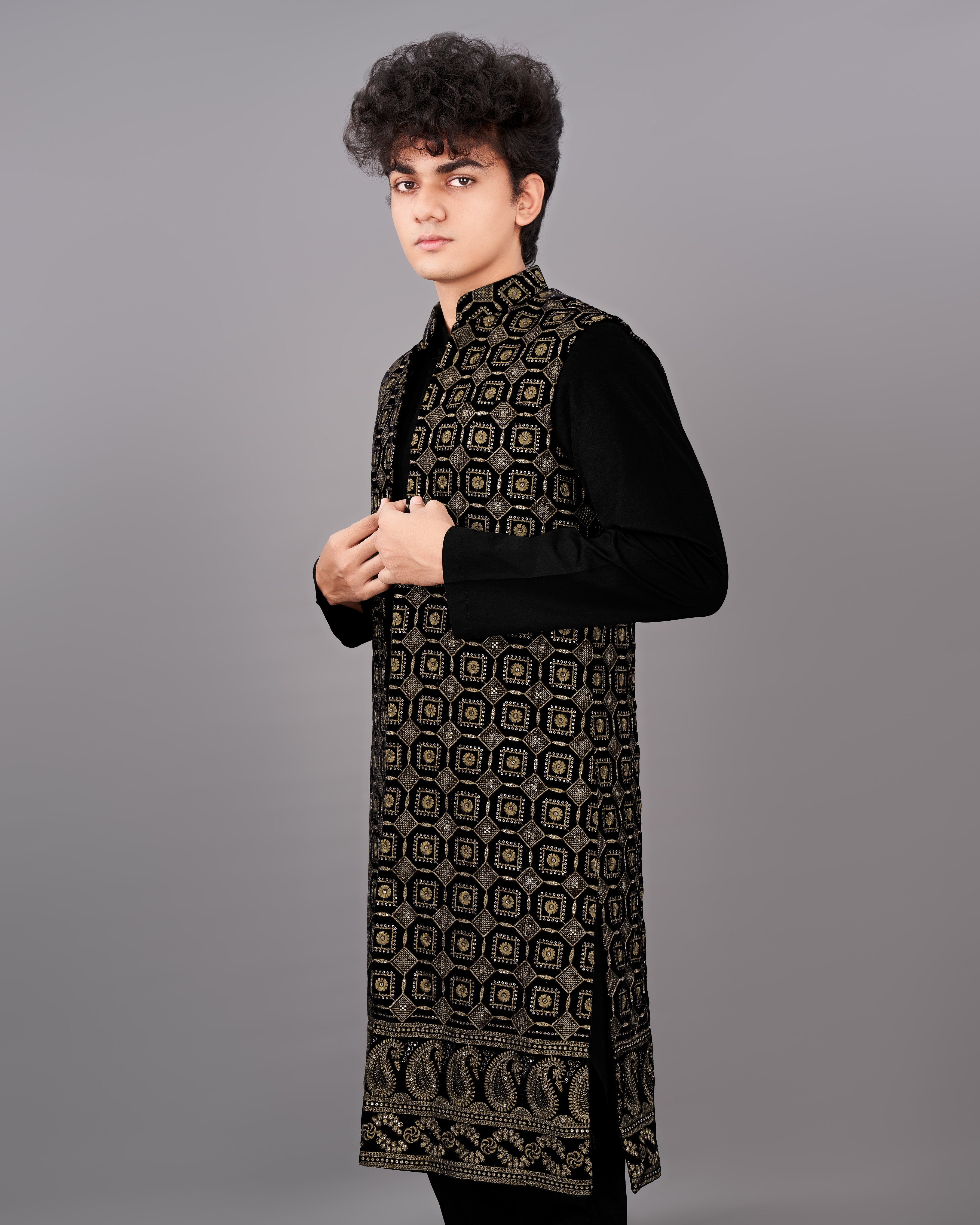 Jade Black with Moccasin Brown Sleeveless Embroidered Indo-Western SHR017-SRW16-36, SHR017-SRW16-38, SHR017-SRW16-40, SHR017-SRW16-42, SHR017-SRW16-44, SHR017-SRW16-46, SHR017-SRW16-48, SHR017-SRW16-50, SHR017-SRW16-52, SHR017-SRW16-54, SHR017-SRW16-56, SHR017-SRW16-58, SHR017-SRW16-60