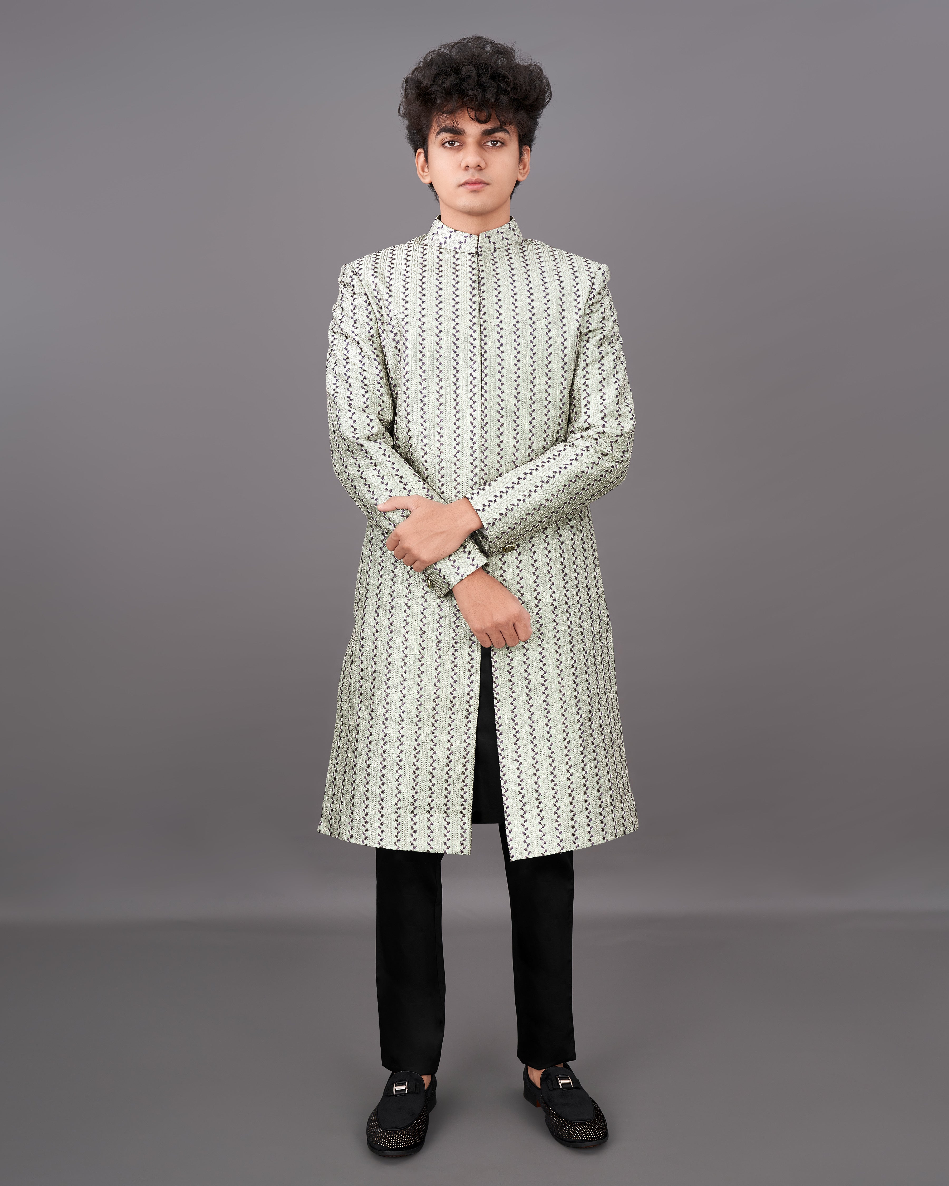 Bone Green With Embroidered Sherwani with Black Kurta and Pants Set SH018-SRW30-36, SH018-SRW30-38, SH018-SRW30-40, SH018-SRW30-42, SH018-SRW30-44, SH018-SRW30-46, SH018-SRW30-48, SH018-SRW30-50, SH018-SRW30-52, SH018-SRW30-54, SH018-SRW30-56, SH018-SRW30-58, SH018-SRW30-60