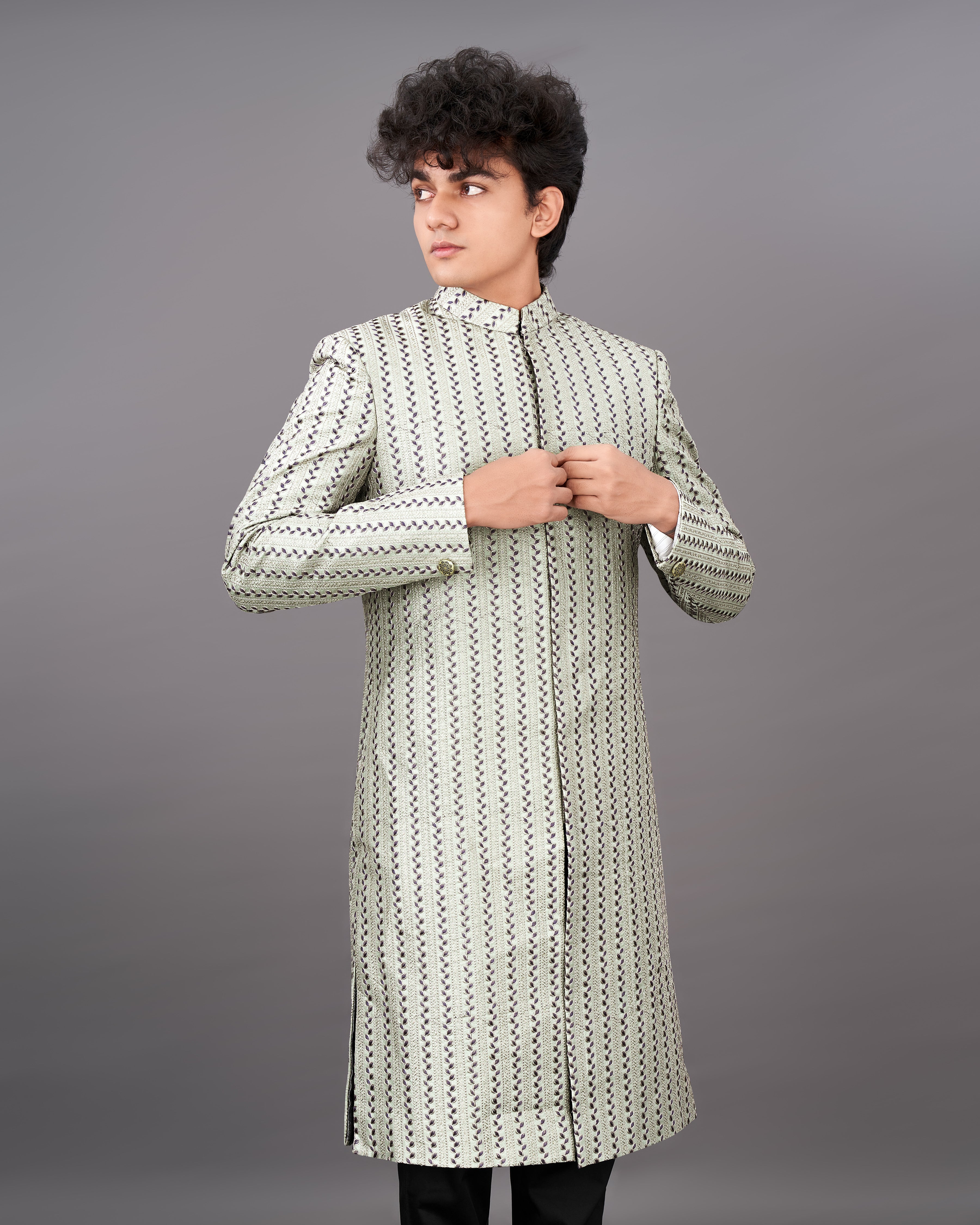 Bone Green With Embroidered Sherwani with Black Kurta and Pants Set SH018-SRW30-36, SH018-SRW30-38, SH018-SRW30-40, SH018-SRW30-42, SH018-SRW30-44, SH018-SRW30-46, SH018-SRW30-48, SH018-SRW30-50, SH018-SRW30-52, SH018-SRW30-54, SH018-SRW30-56, SH018-SRW30-58, SH018-SRW30-60