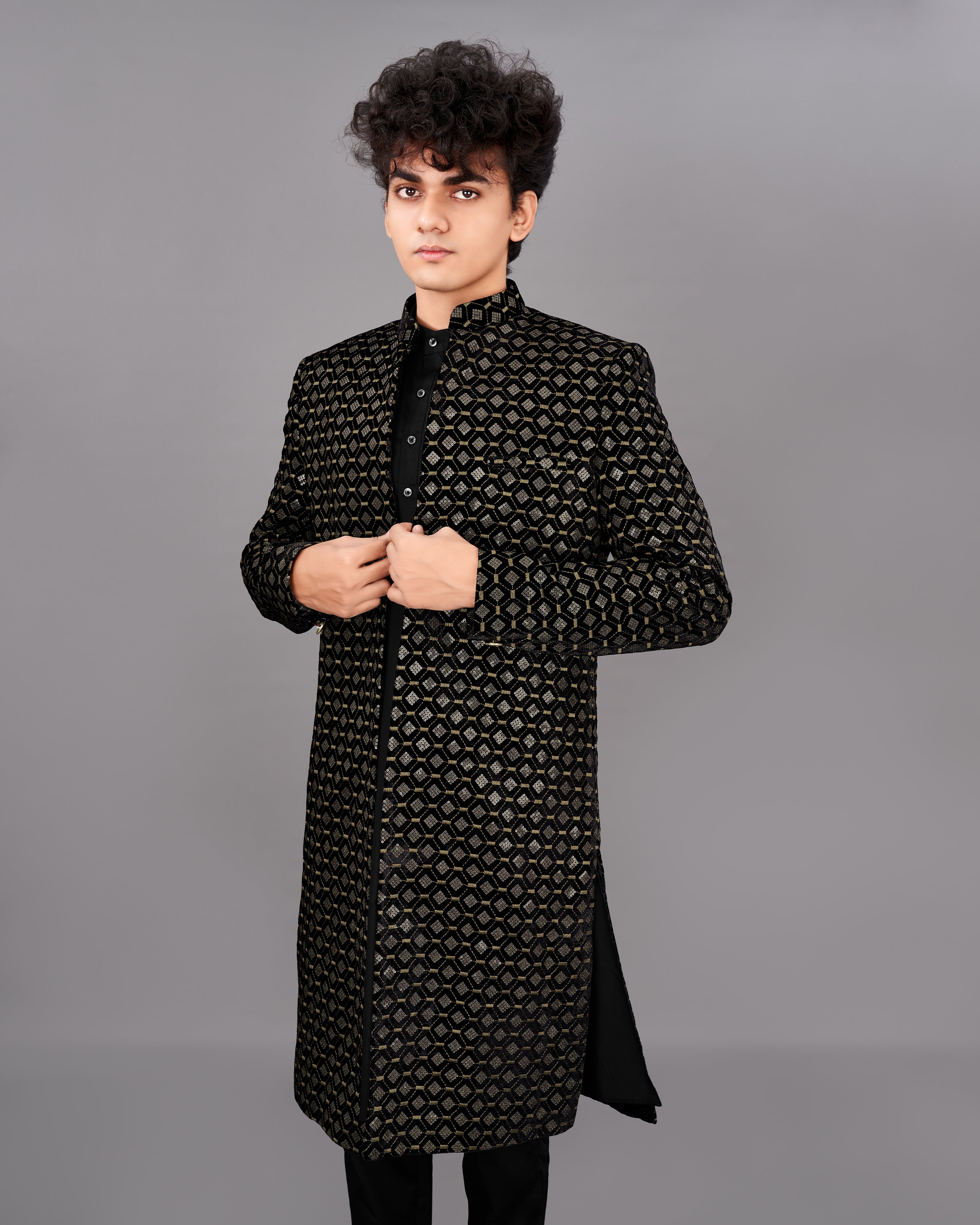 Jade Black And Husk Brown Embroidered with Tikki Work Sherwani with Kurta and Pants Set SH022-SRW13-36, SH022-SRW13-38, SH022-SRW13-40, SH022-SRW13-42, SH022-SRW13-44, SH022-SRW13-46, SH022-SRW13-48, SH022-SRW13-50, SH022-SRW13-52, SH022-SRW13-54, SH022-SRW13-56, SH022-SRW13-58, SH022-SRW13-60