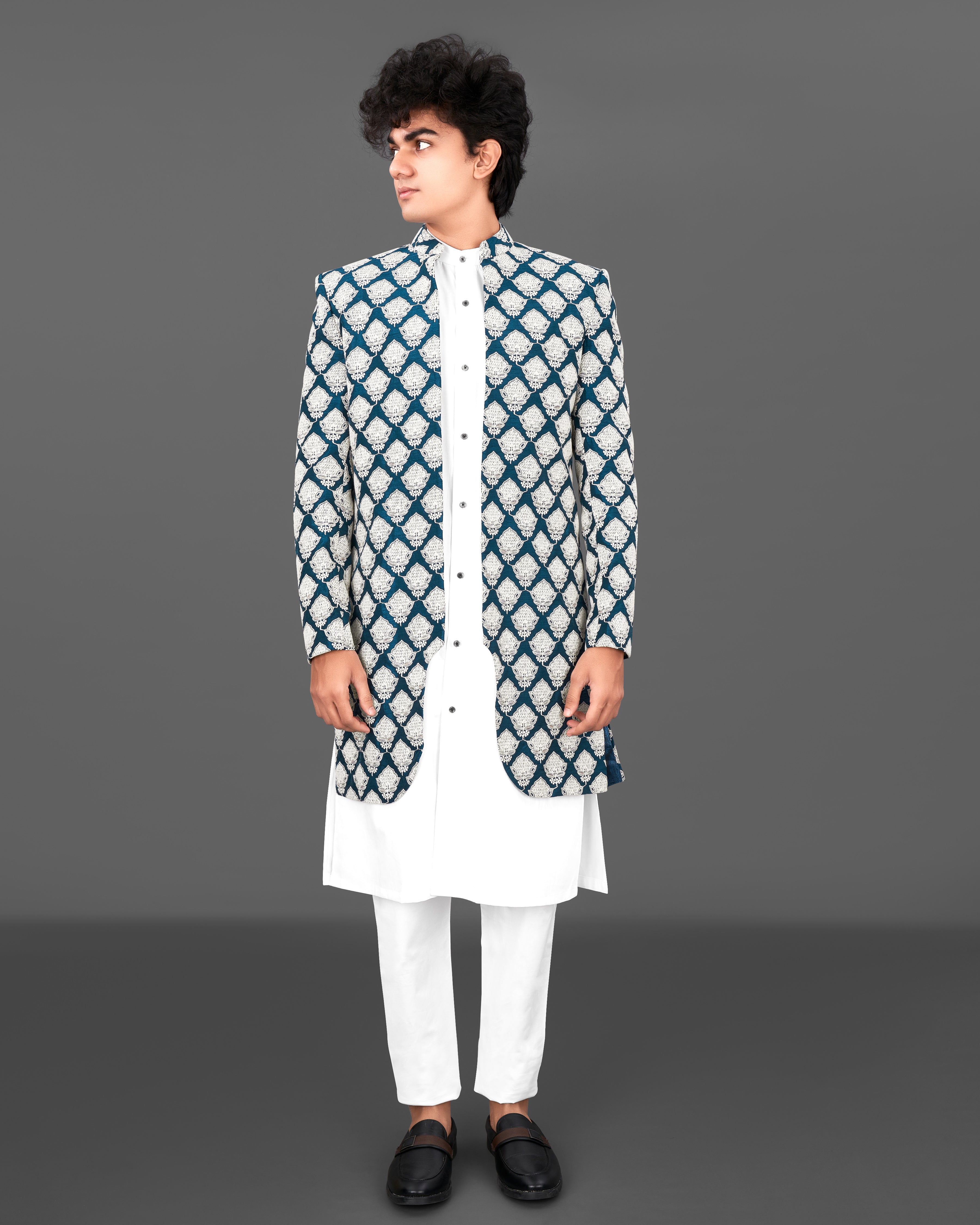 Rhino Blue with White and Sequence Embroidered Indo-Western with Kurta and Pants Set SH024-SRW22-36, SH024-SRW22-38, SH024-SRW22-40, SH024-SRW22-42, SH024-SRW22-44, SH024-SRW22-46, SH024-SRW22-48, SH024-SRW22-50, SH024-SRW22-52, SH024-SRW22-54, SH024-SRW22-56, SH024-SRW22-58, SH024-SRW22-60