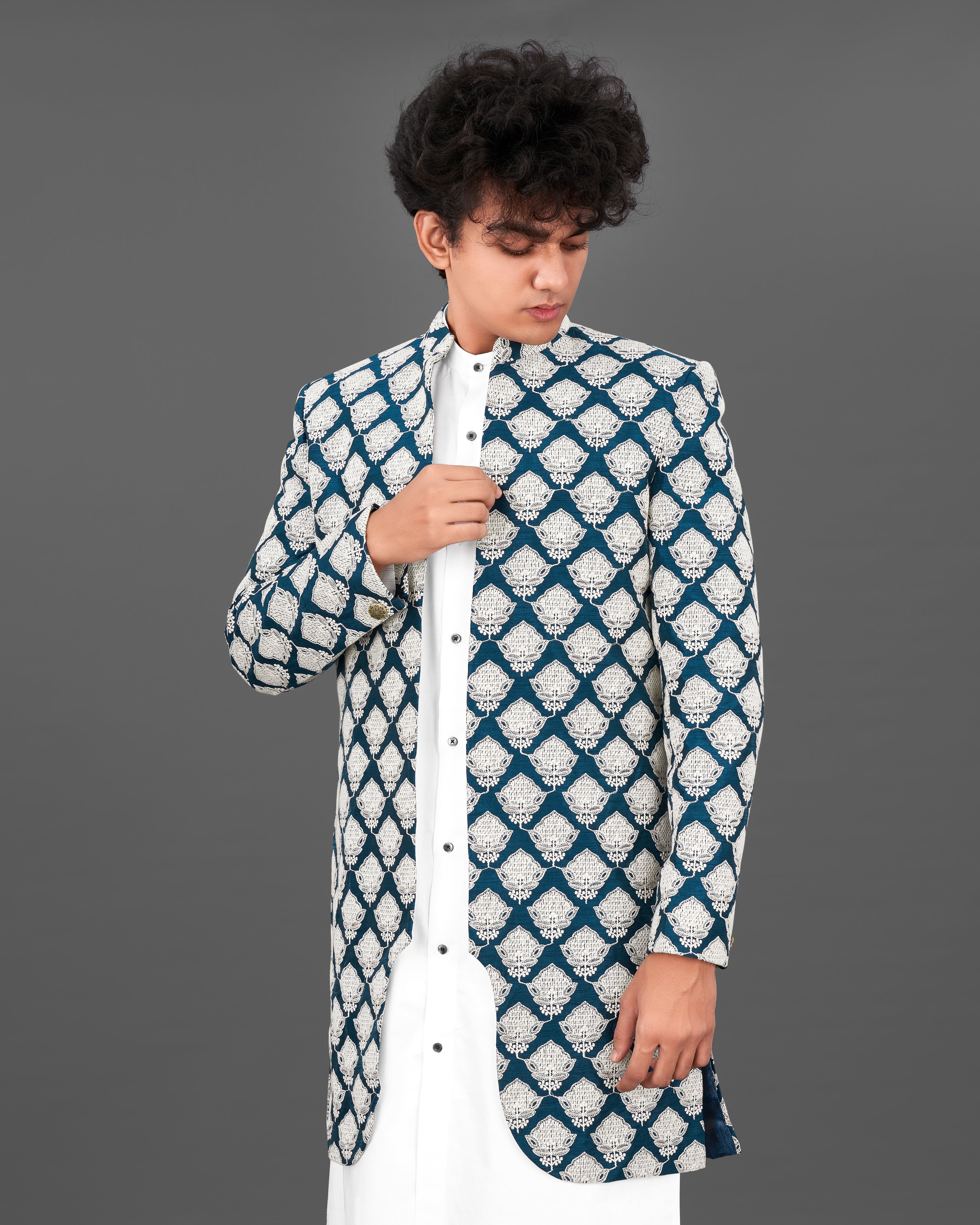 Rhino Blue with White and Sequence Embroidered Indo-Western with Kurta and Pants Set SHR024-SRW22-36, SHR024-SRW22-38, SHR024-SRW22-40, SHR024-SRW22-42, SHR024-SRW22-44, SHR024-SRW22-46, SHR024-SRW22-48, SHR024-SRW22-50, SHR024-SRW22-52, SHR024-SRW22-54, SHR024-SRW22-56, SHR024-SRW22-58, SHR024-SRW22-60