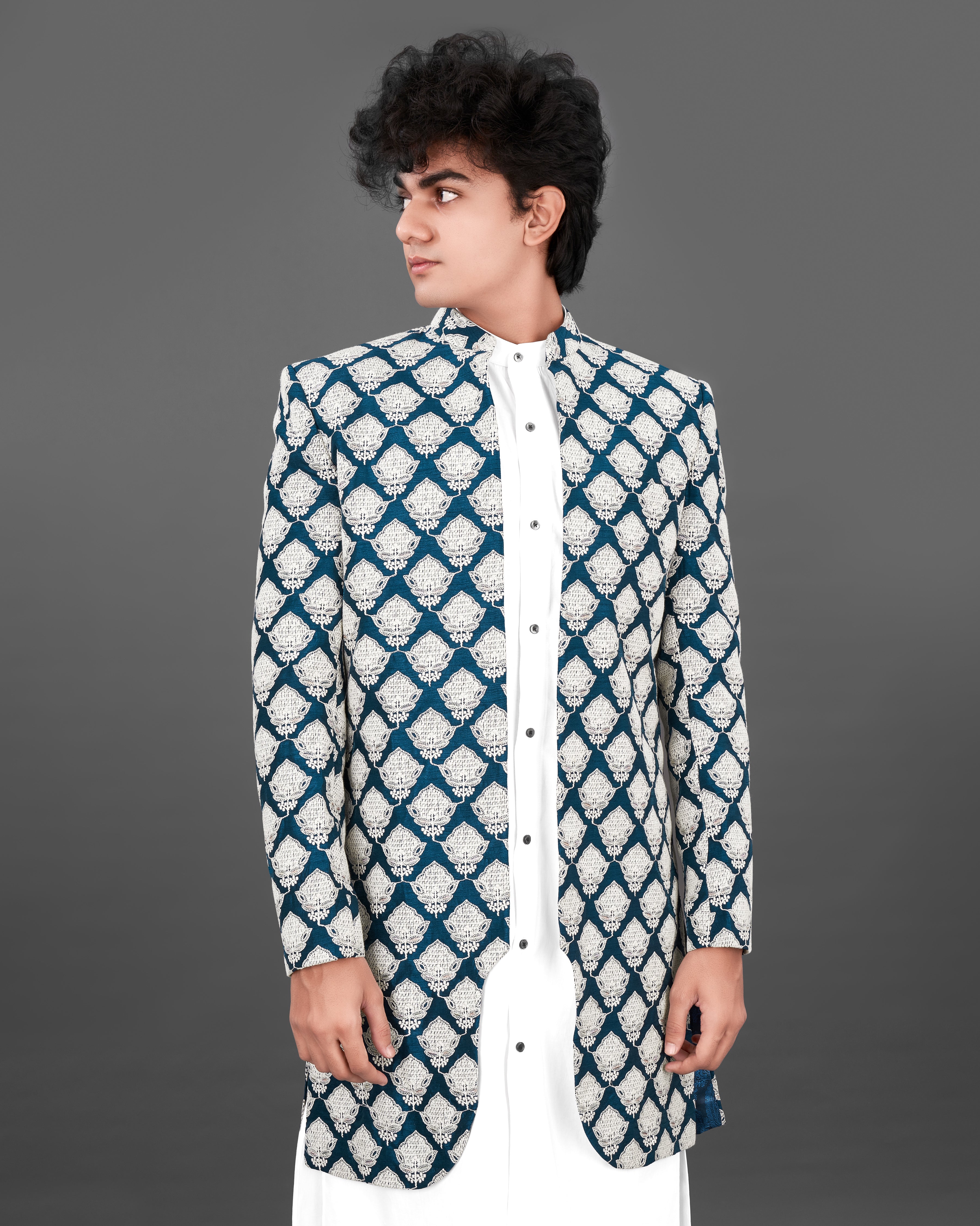 Rhino Blue with White and Sequence Embroidered Indo-Western with Kurta and Pants Set SHR024-SRW22-36, SHR024-SRW22-38, SHR024-SRW22-40, SHR024-SRW22-42, SHR024-SRW22-44, SHR024-SRW22-46, SHR024-SRW22-48, SHR024-SRW22-50, SHR024-SRW22-52, SHR024-SRW22-54, SHR024-SRW22-56, SHR024-SRW22-58, SHR024-SRW22-60