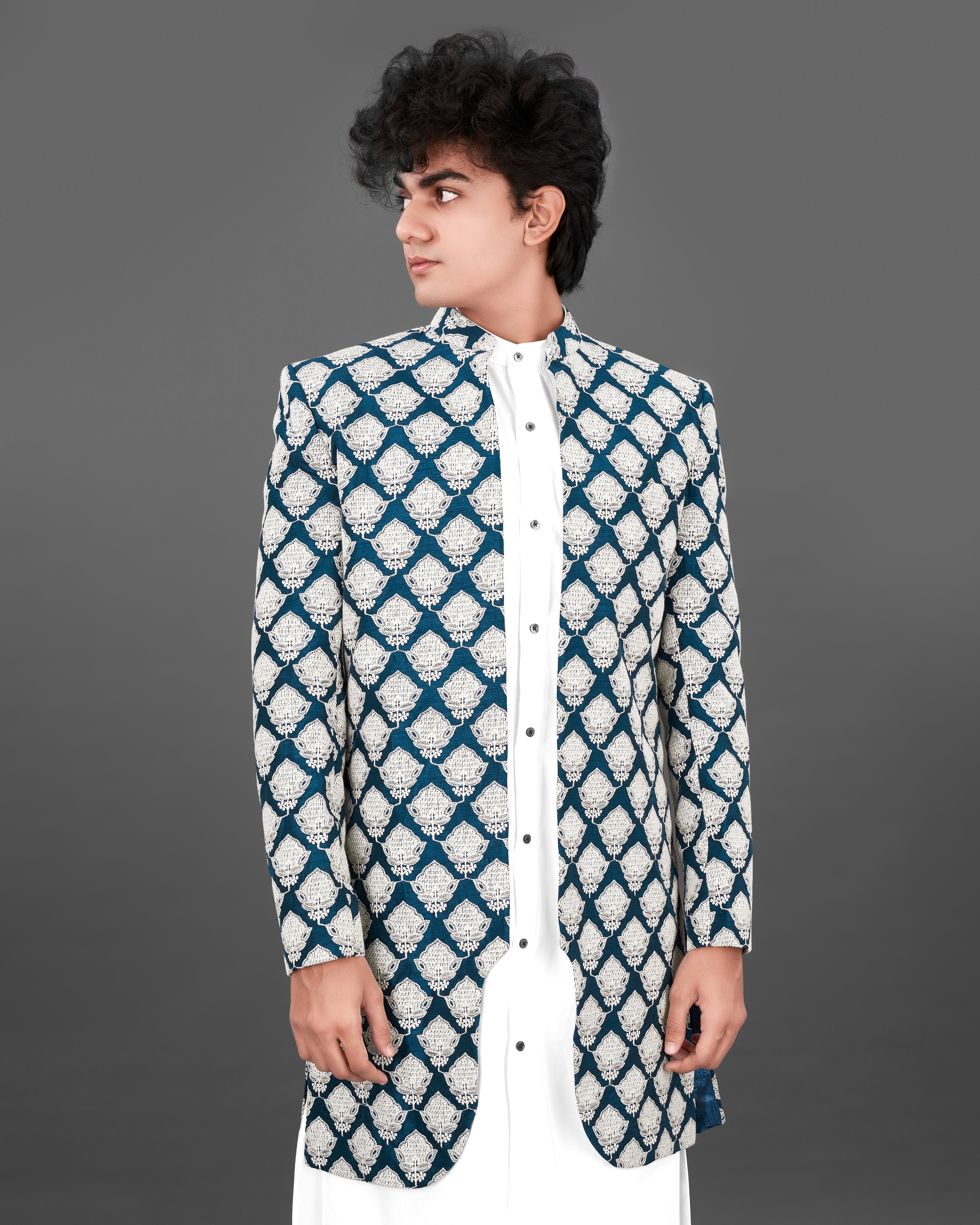 Rhino Blue with White and Sequence Embroidered Indo-Western with Kurta and Pants Set SH024-SRW22-36, SH024-SRW22-38, SH024-SRW22-40, SH024-SRW22-42, SH024-SRW22-44, SH024-SRW22-46, SH024-SRW22-48, SH024-SRW22-50, SH024-SRW22-52, SH024-SRW22-54, SH024-SRW22-56, SH024-SRW22-58, SH024-SRW22-60