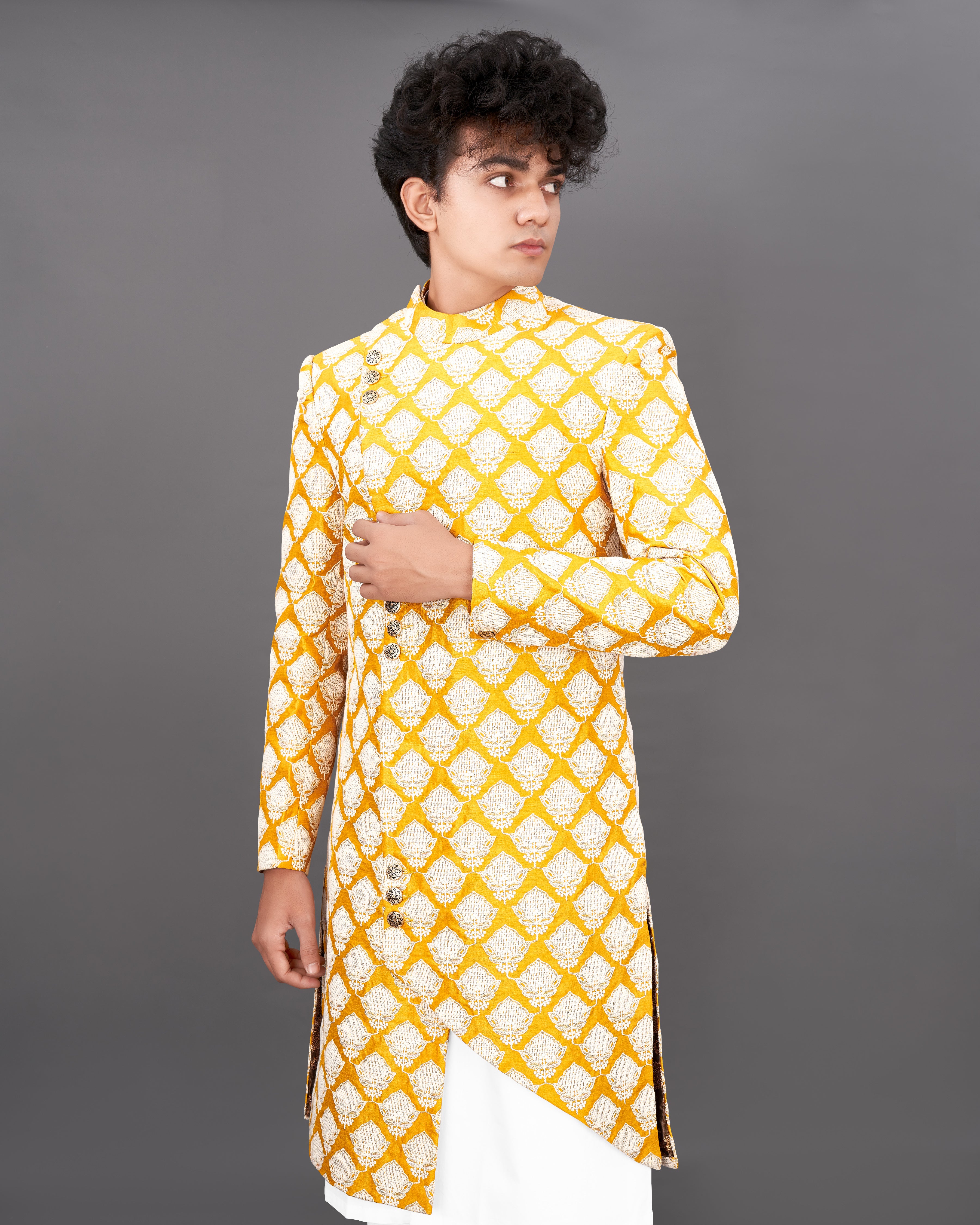 Squash Yellow and White and Sequence Embroidered Sherwani with Kurta and Pants Set SH026-SRW23-36, SH026-SRW23-38, SH026-SRW23-40, SH026-SRW23-42, SH026-SRW23-44, SH026-SRW23-46, SH026-SRW23-48, SH026-SRW23-50, SH026-SRW23-52, SH026-SRW23-54, SH026-SRW23-56, SH026-SRW23-58, SH026-SRW23-60
