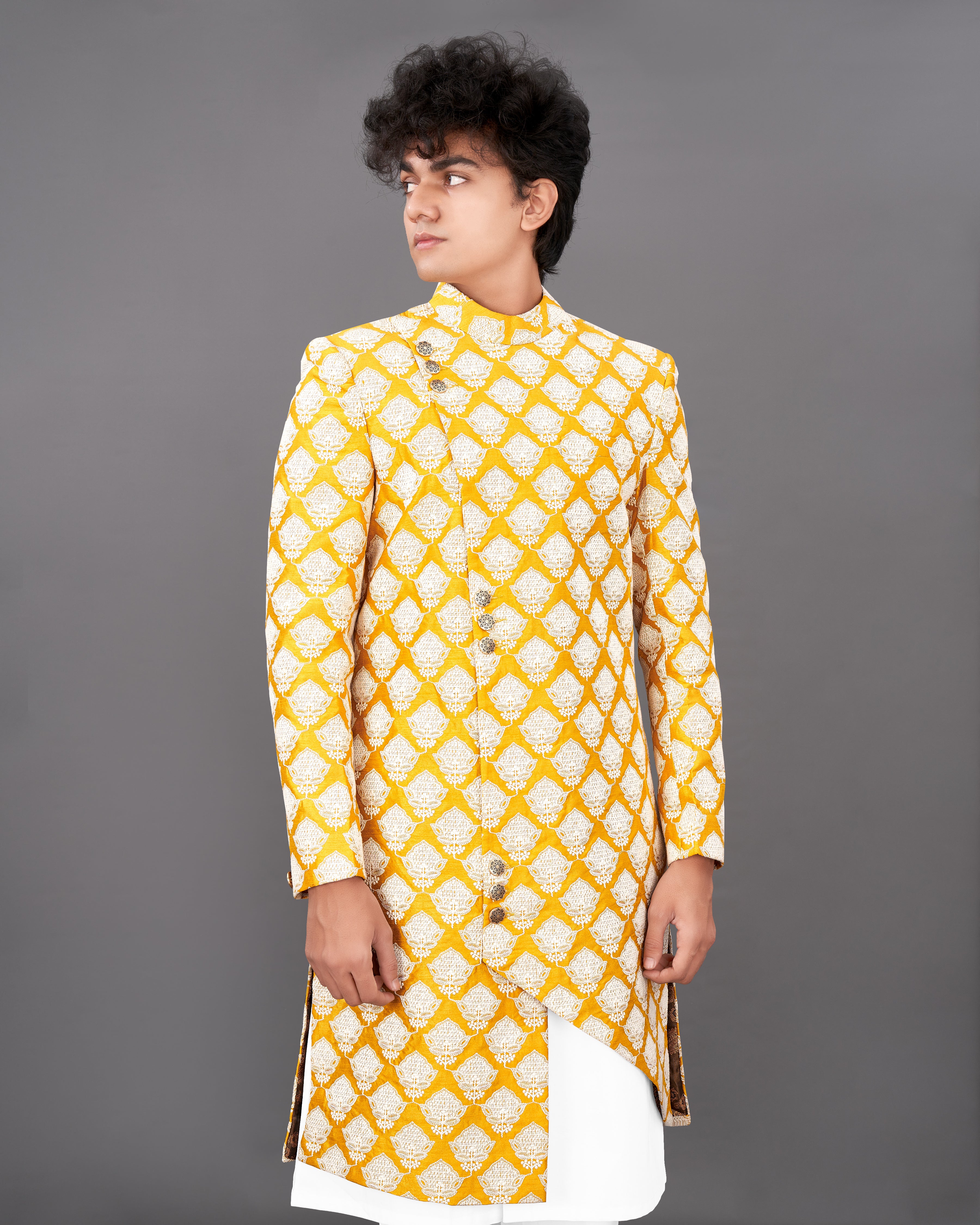 Squash Yellow and White and Sequence Embroidered Sherwani with Kurta and Pants Set SH026-SRW23-36, SH026-SRW23-38, SH026-SRW23-40, SH026-SRW23-42, SH026-SRW23-44, SH026-SRW23-46, SH026-SRW23-48, SH026-SRW23-50, SH026-SRW23-52, SH026-SRW23-54, SH026-SRW23-56, SH026-SRW23-58, SH026-SRW23-60