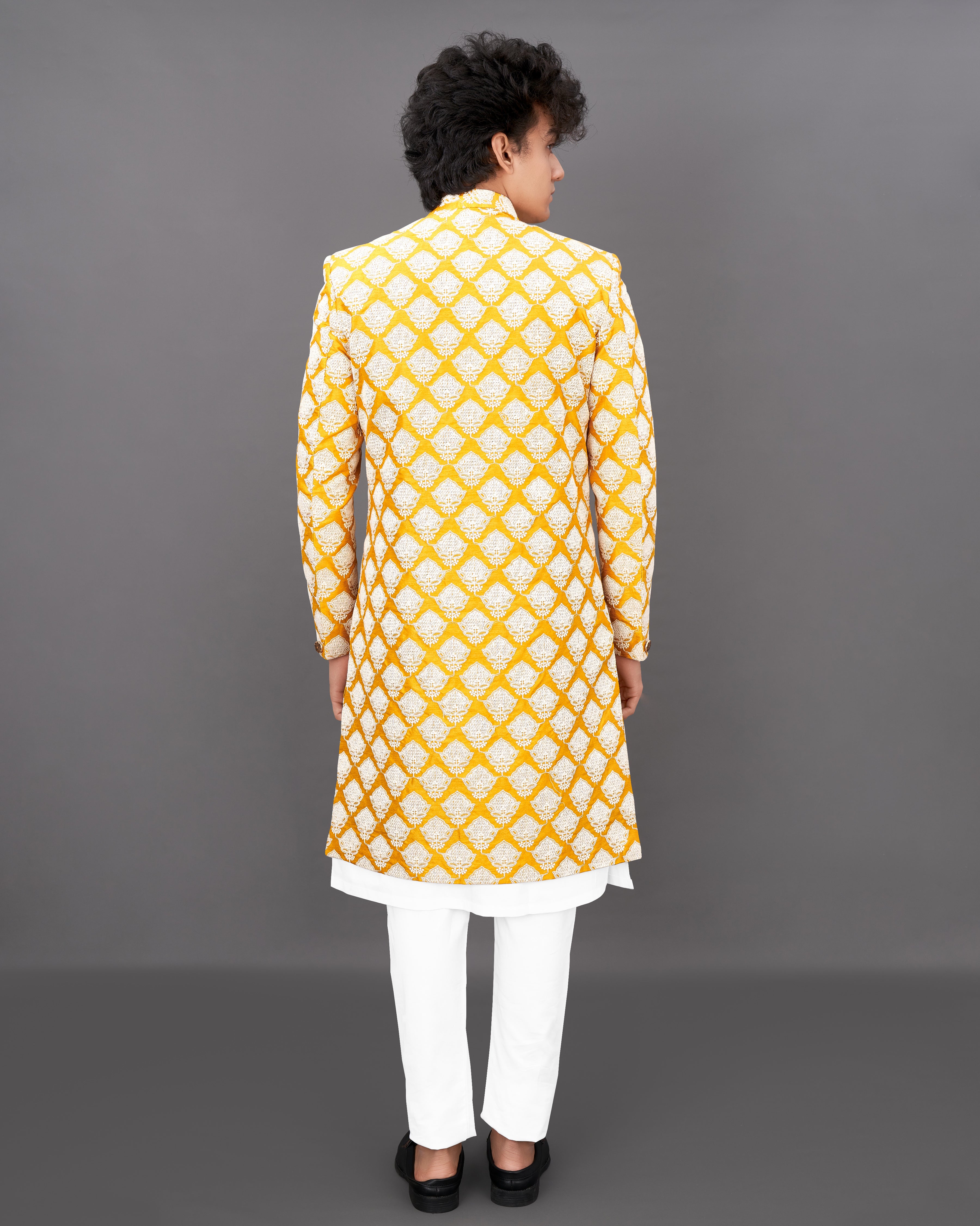 Squash Yellow and White and Sequence Embroidered Sherwani with Kurta and Pants Set SH026-SRW23-36, SH026-SRW23-38, SH026-SRW23-40, SH026-SRW23-42, SH026-SRW23-44, SH026-SRW23-46, SH026-SRW23-48, SH026-SRW23-50, SH026-SRW23-52, SH026-SRW23-54, SH026-SRW23-56, SH026-SRW23-58, SH026-SRW23-60