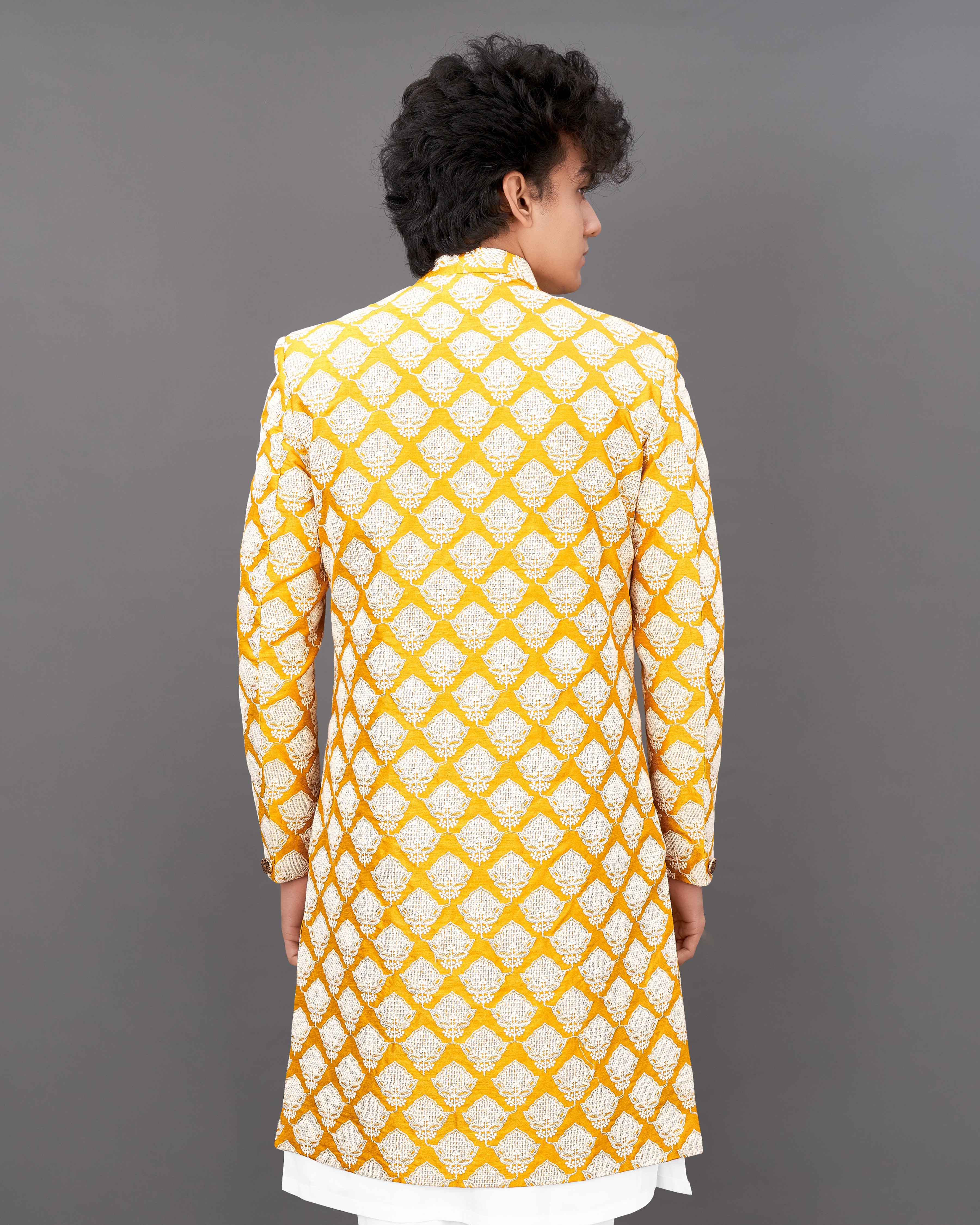 Squash Yellow and White and Sequence Embroidered Sherwani with Kurta and Pants Set SH026-SRW23-36, SH026-SRW23-38, SH026-SRW23-40, SH026-SRW23-42, SH026-SRW23-44, SH026-SRW23-46, SH026-SRW23-48, SH026-SRW23-50, SH026-SRW23-52, SH026-SRW23-54, SH026-SRW23-56, SH026-SRW23-58, SH026-SRW23-60
