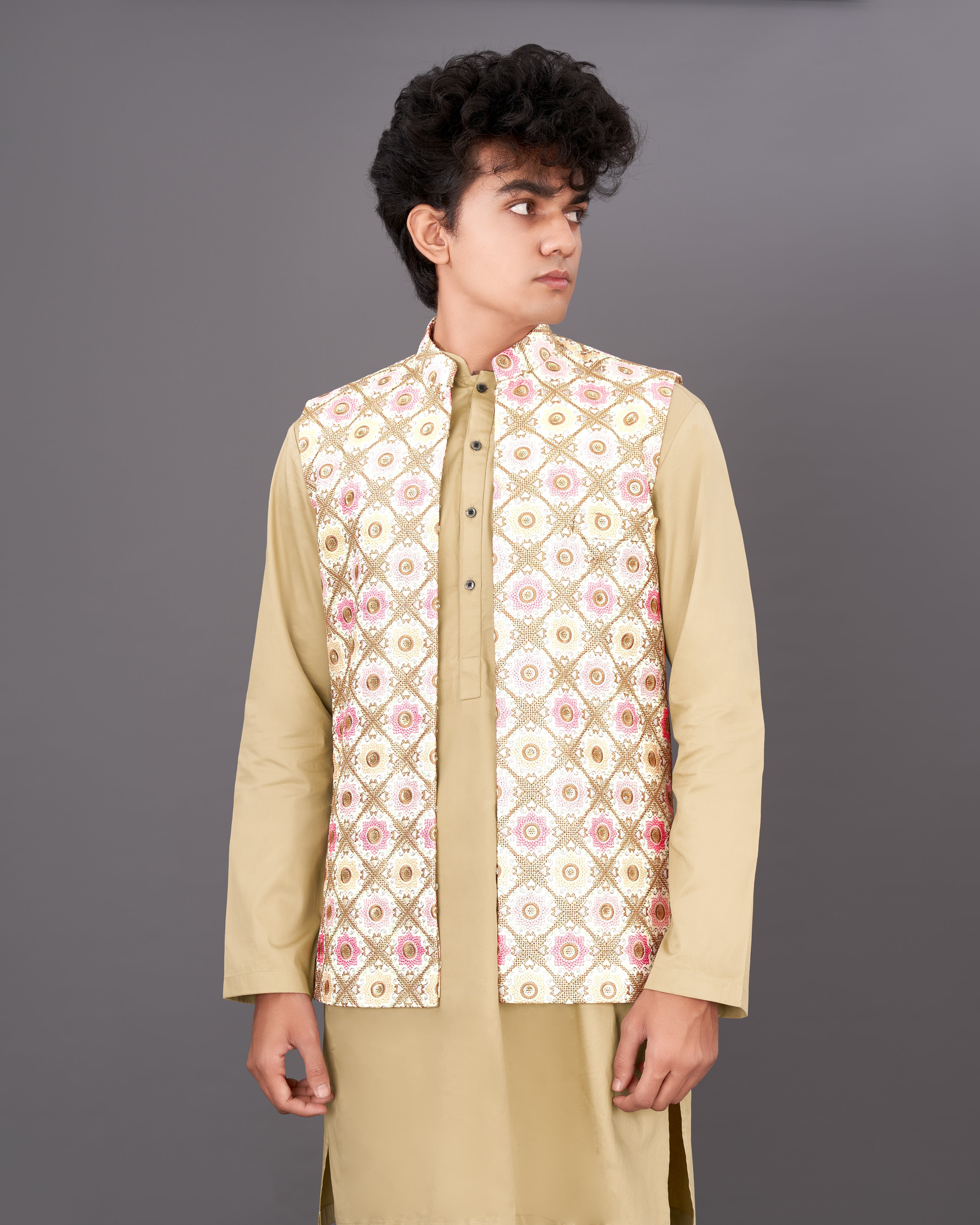 Sugarcane White with Muted Pink and Fawn Brown Sleeveless Jacket with Kurta, Pants Set