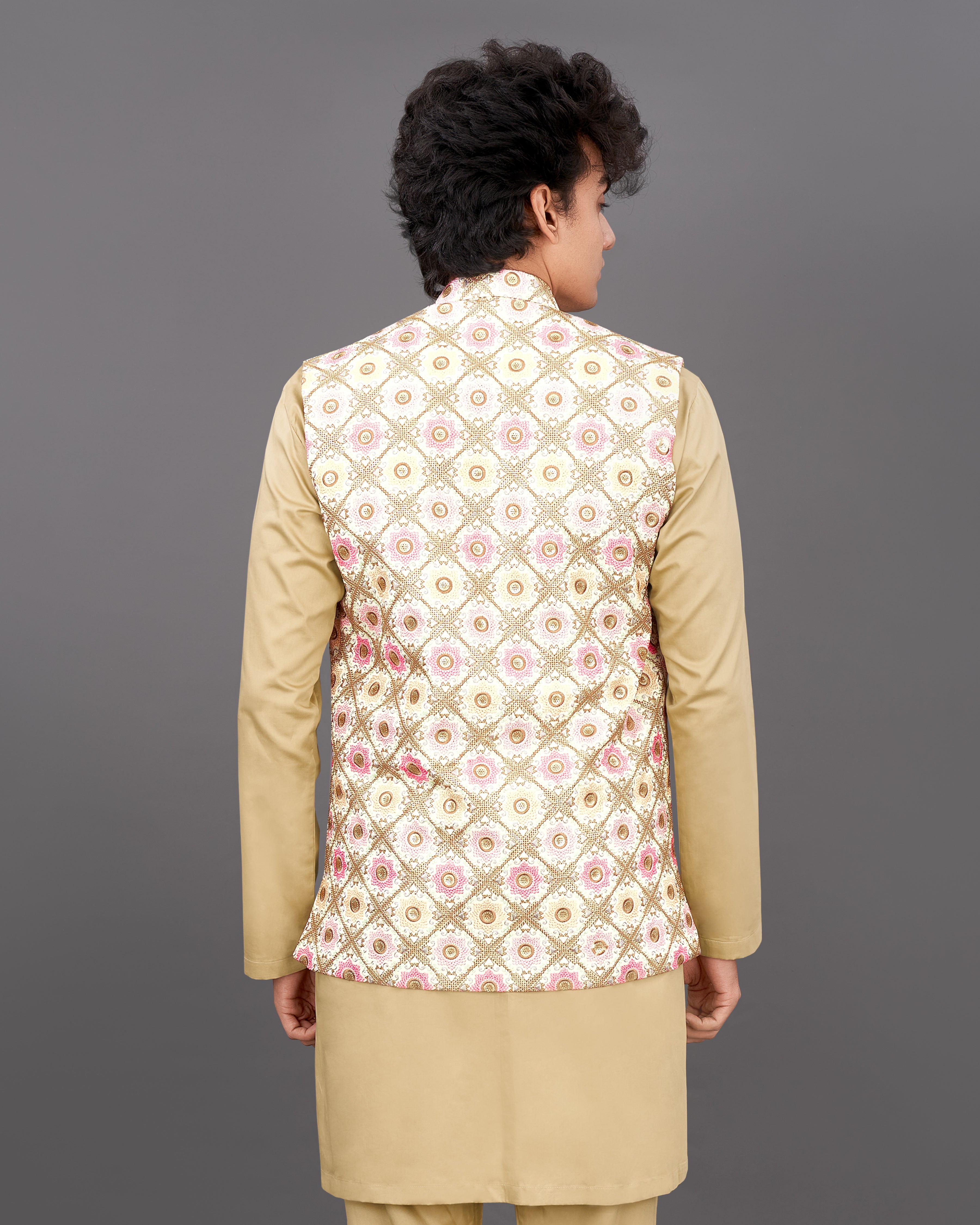 Sugarcane White with Muted Pink and Fawn Brown Sleeveless Jacket with Kurta, Pants Set