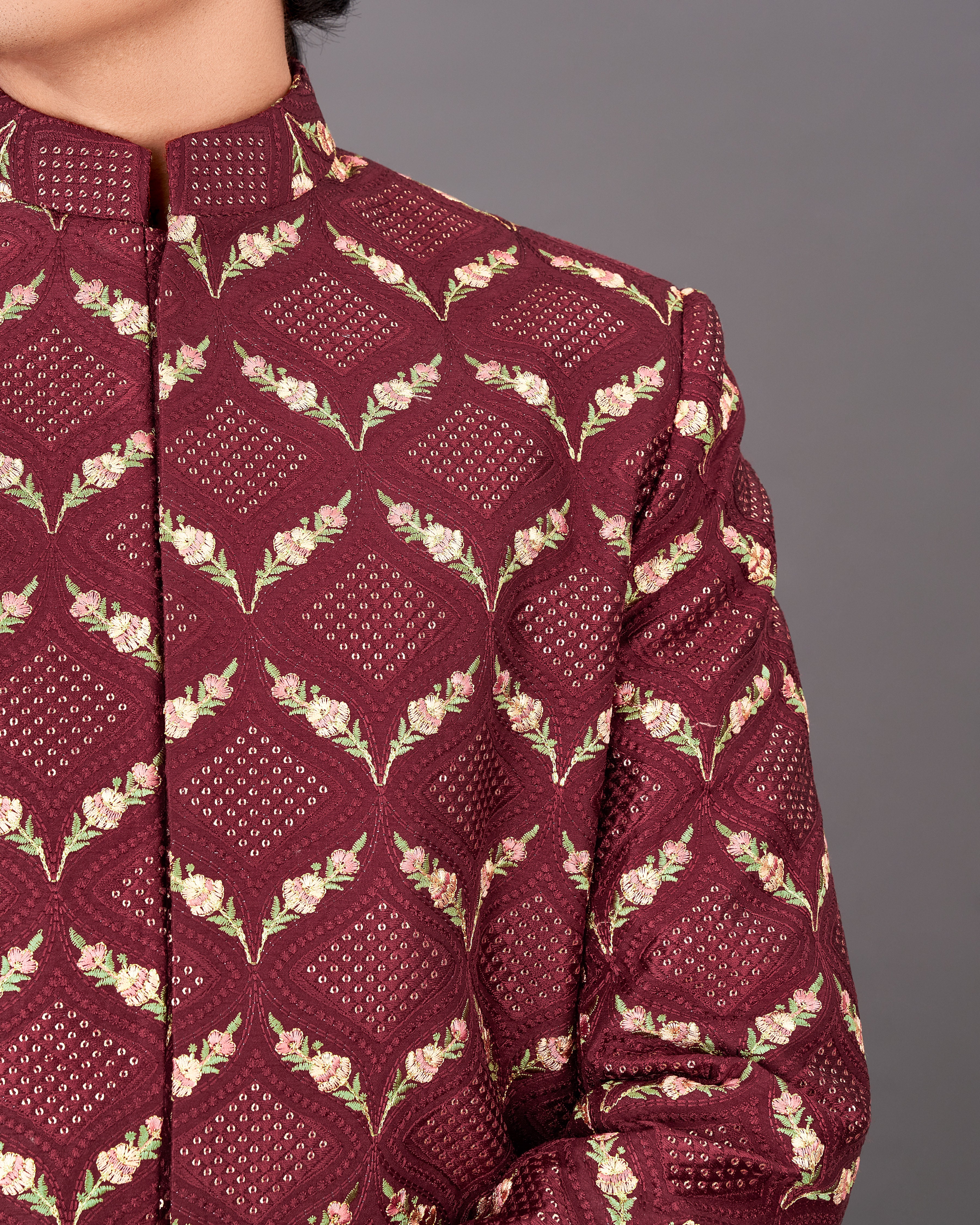 Wine Embroidered with Tikki Work Sherwani with Kurta and Pants Set SHR028-SRW30-36, SHR028-SRW30-38, SHR028-SRW30-40, SHR028-SRW30-42, SHR028-SRW30-44, SHR028-SRW30-46, SHR028-SRW30-48, SHR028-SRW30-50, SHR028-SRW30-52, SHR028-SRW30-54, SHR028-SRW30-56, SHR028-SRW30-58, SHR028-SRW30-60