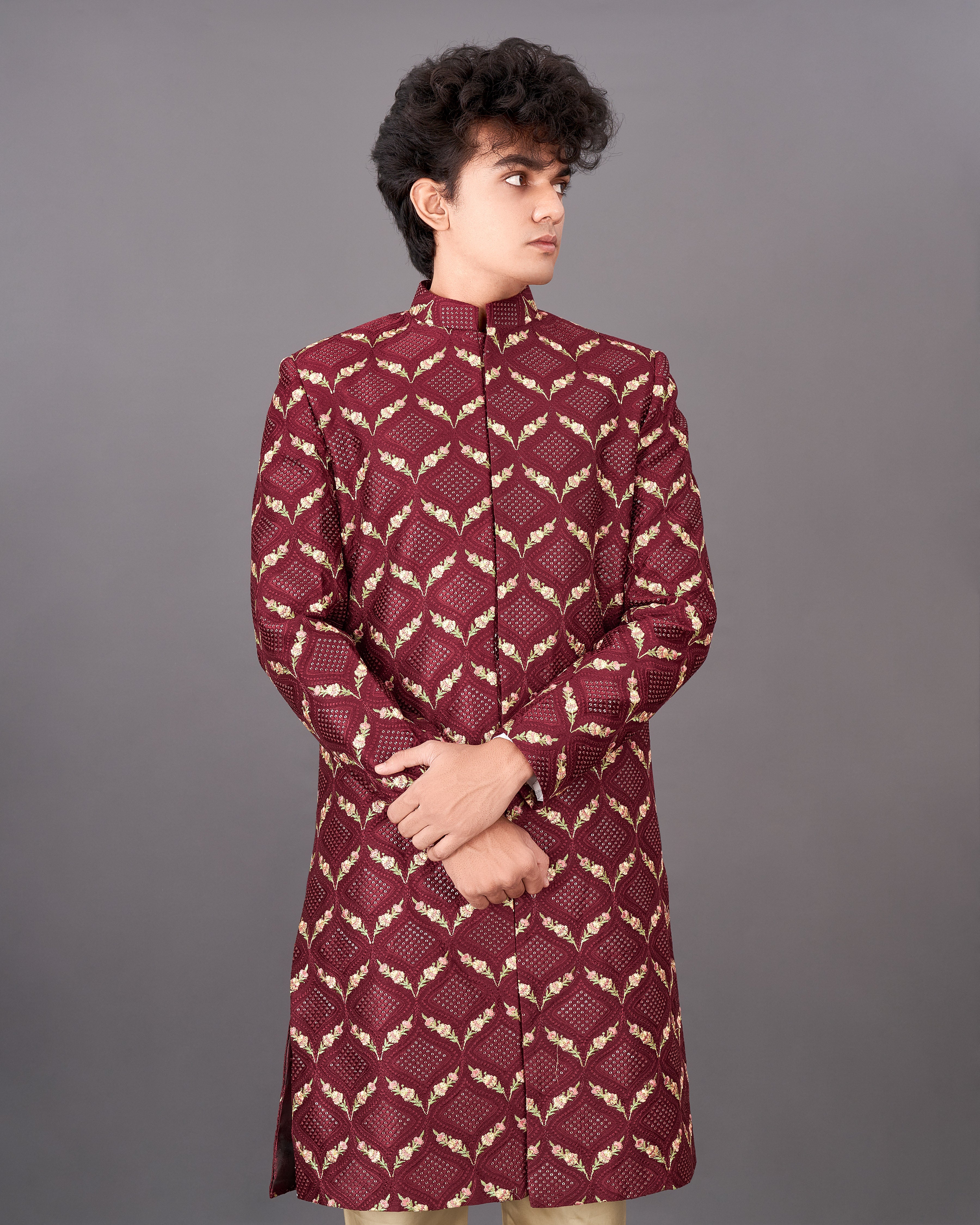 Wine Embroidered with Tikki Work Sherwani with Kurta and Pants Set SHR028-SRW30-36, SHR028-SRW30-38, SHR028-SRW30-40, SHR028-SRW30-42, SHR028-SRW30-44, SHR028-SRW30-46, SHR028-SRW30-48, SHR028-SRW30-50, SHR028-SRW30-52, SHR028-SRW30-54, SHR028-SRW30-56, SHR028-SRW30-58, SHR028-SRW30-60