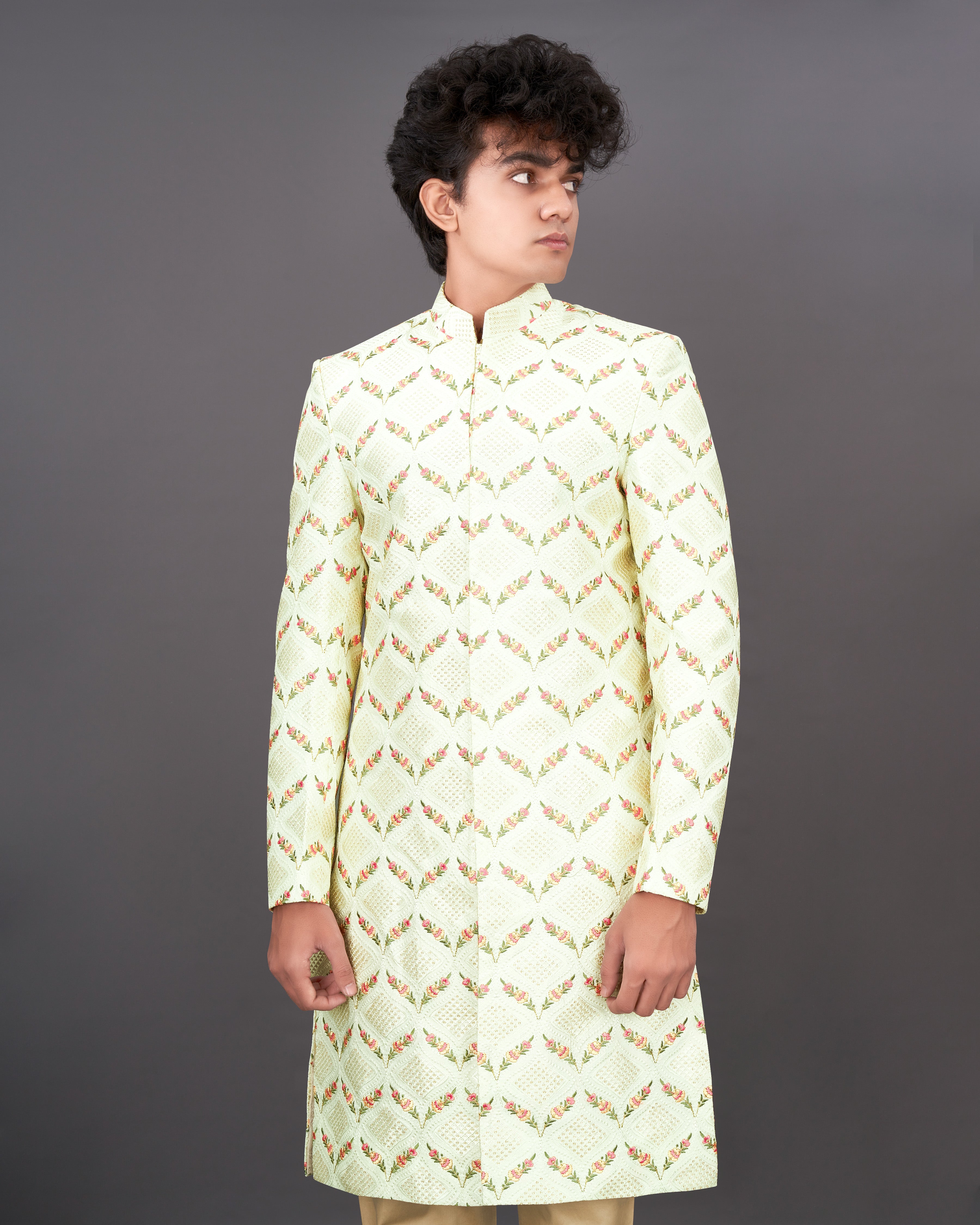 Albescent Cream Embroidered with Tikki Work Sherwani with Kurta and Pants Set SHR030-SRW30-36, SHR030-SRW30-38, SHR030-SRW30-40, SHR030-SRW30-42, SHR030-SRW30-44, SHR030-SRW30-46, SHR030-SRW30-48, SHR030-SRW30-50, SHR030-SRW30-52, SHR030-SRW30-54, SHR030-SRW30-56, SHR030-SRW30-58, SHR030-SRW30-60