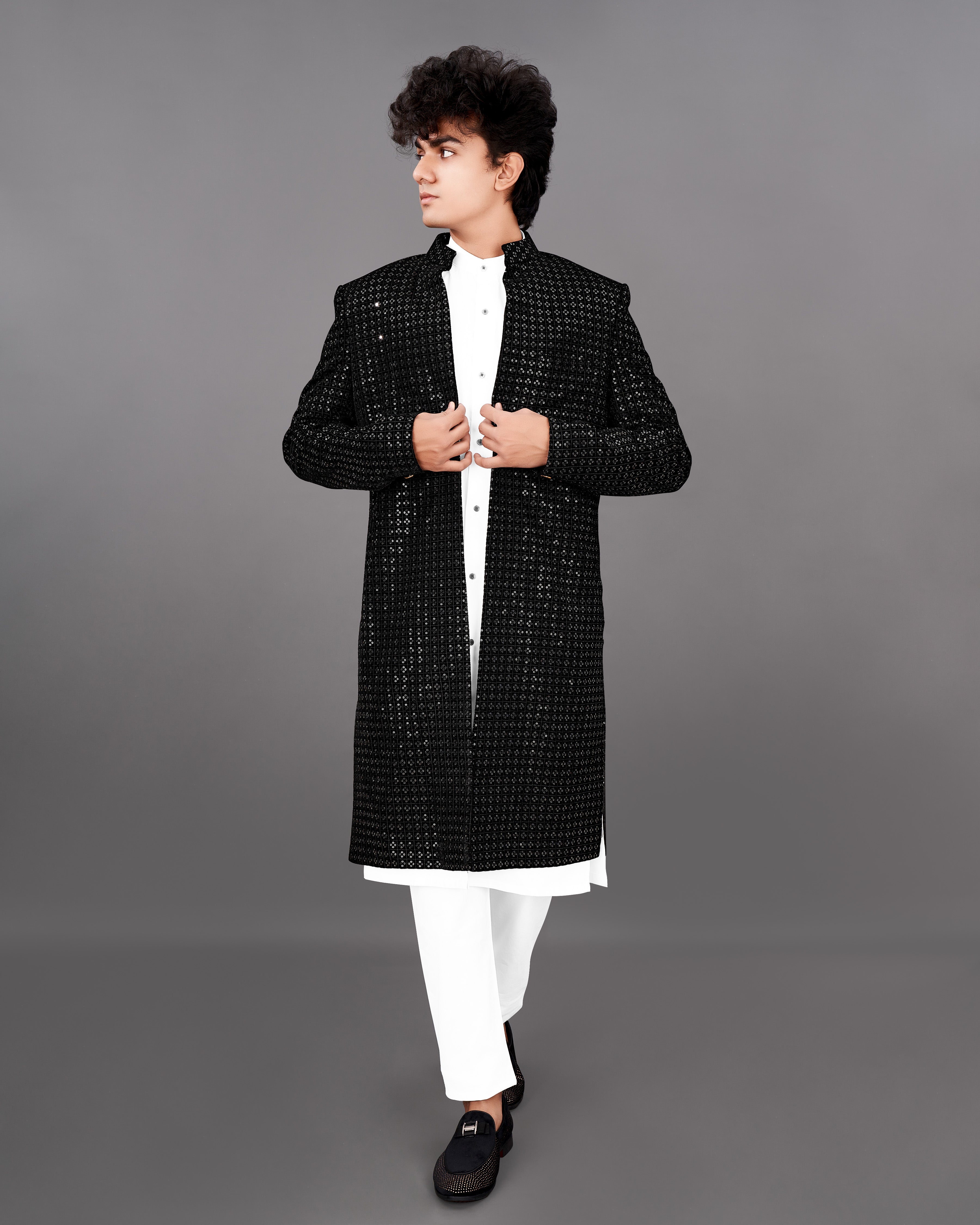 Jade Black Embroidered Sherwani with Kurta and Pants Set SH033-SRW24-36, SH033-SRW24-38, SH033-SRW24-40, SH033-SRW24-42, SH033-SRW24-44, SH033-SRW24-46, SH033-SRW24-48, SH033-SRW24-50, SH033-SRW24-52, SH033-SRW24-54, SH033-SRW24-56, SH033-SRW24-58, SH033-SRW24-60