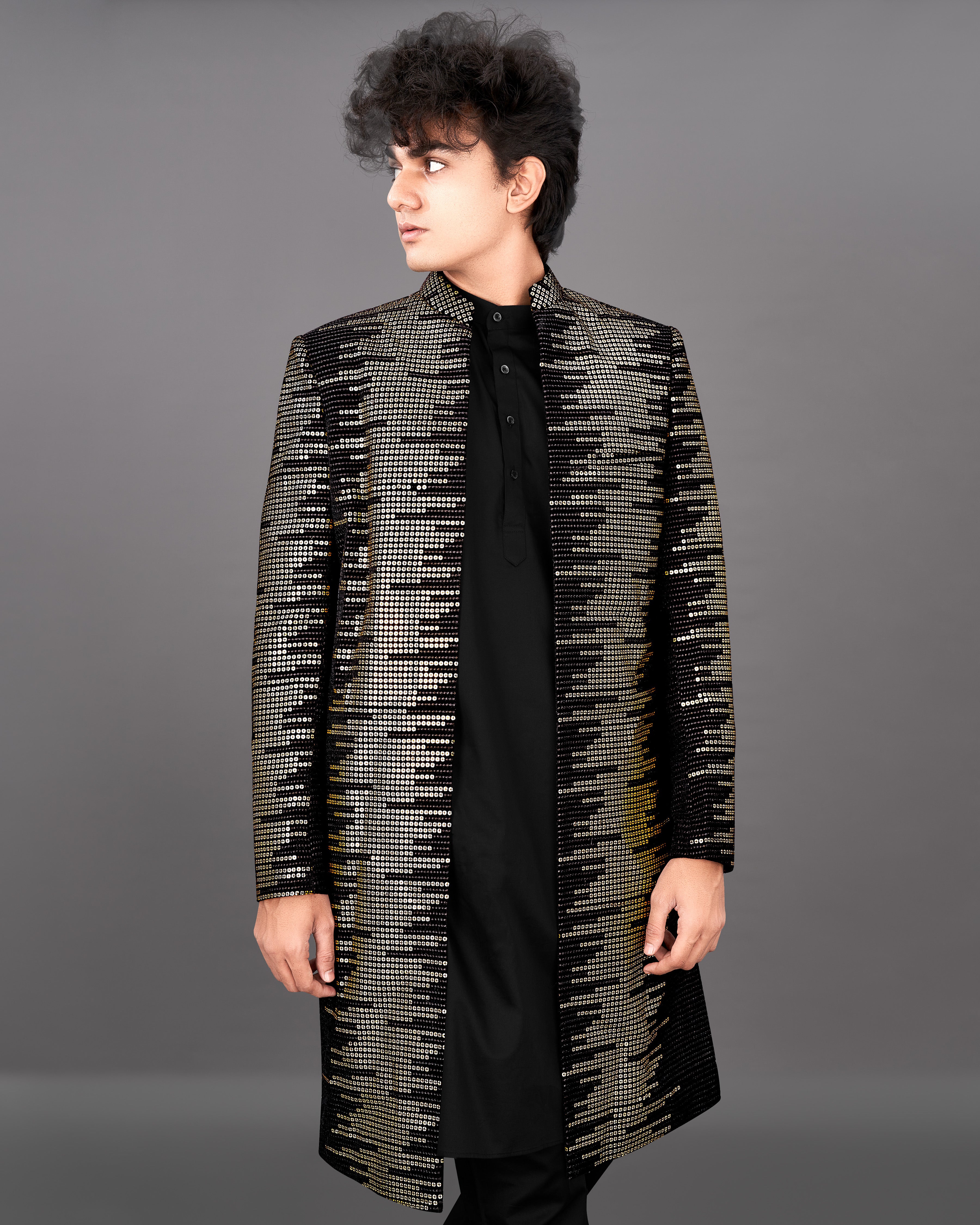 Jade Black and Sequence Embroidered Sherwani with Kurta and Pants Set SHR034-SRW24-36, SHR034-SRW24-38, SHR034-SRW24-40, SHR034-SRW24-42, SHR034-SRW24-44, SHR034-SRW24-46, SHR034-SRW24-48, SHR034-SRW24-50, SHR034-SRW24-52, SHR034-SRW24-54, SHR034-SRW24-56, SHR034-SRW24-58, SHR034-SRW24-60