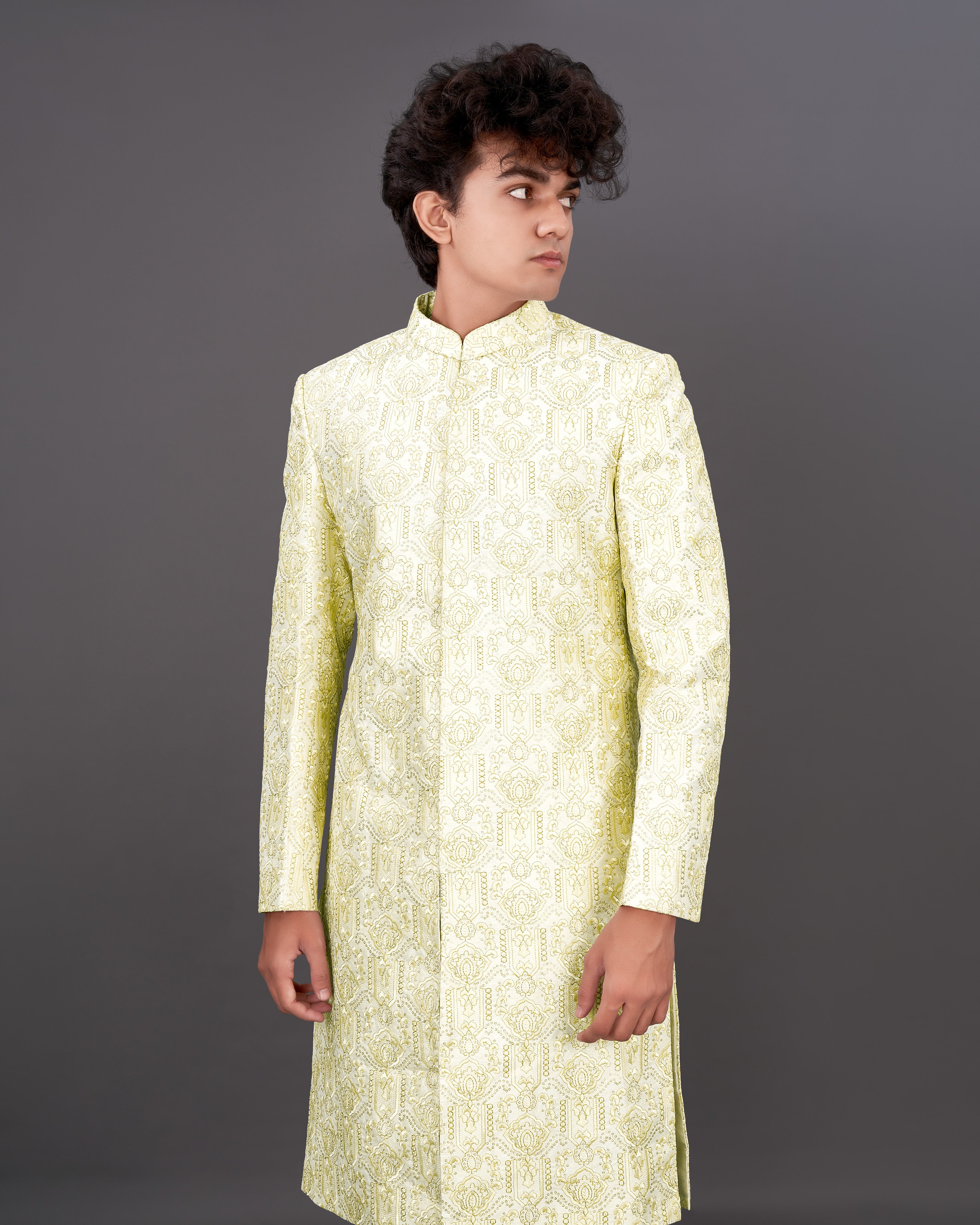 Eggshell Cream Heavyweight Embroidered Sherwani with Kurta and Pants Set SH035-BG-36, SH035-BG-38, SH035-BG-40, SH035-BG-42, SH035-BG-44, SH035-BG-46, SH035-BG-48, SH035-BG-50, SH035-BG-52, SH035-BG-54, SH035-BG-56, SH035-BG-58, SH035-BG-60