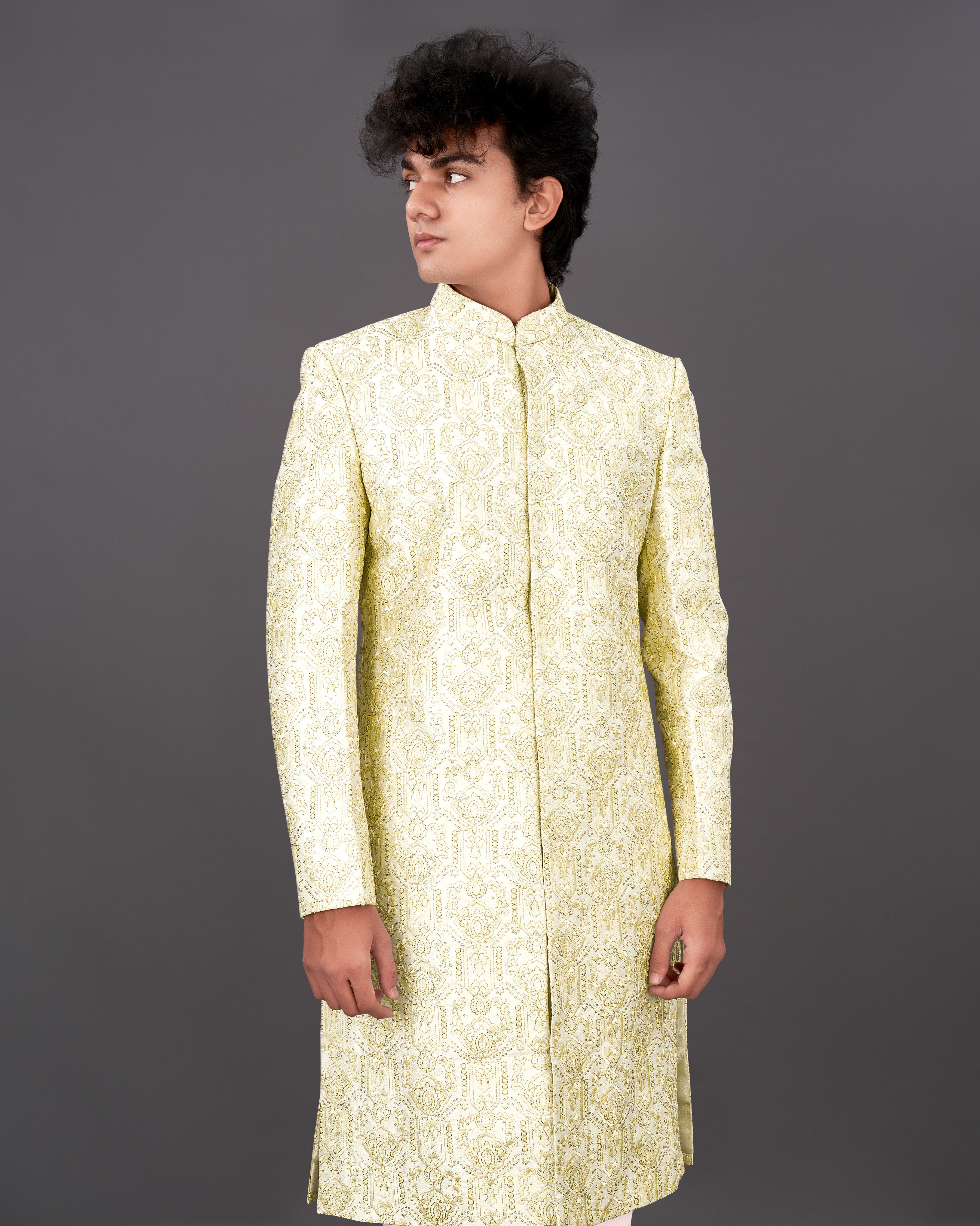 Eggshell Cream Heavyweight Embroidered Sherwani with Kurta and Pants Set SH035-BG-36, SH035-BG-38, SH035-BG-40, SH035-BG-42, SH035-BG-44, SH035-BG-46, SH035-BG-48, SH035-BG-50, SH035-BG-52, SH035-BG-54, SH035-BG-56, SH035-BG-58, SH035-BG-60