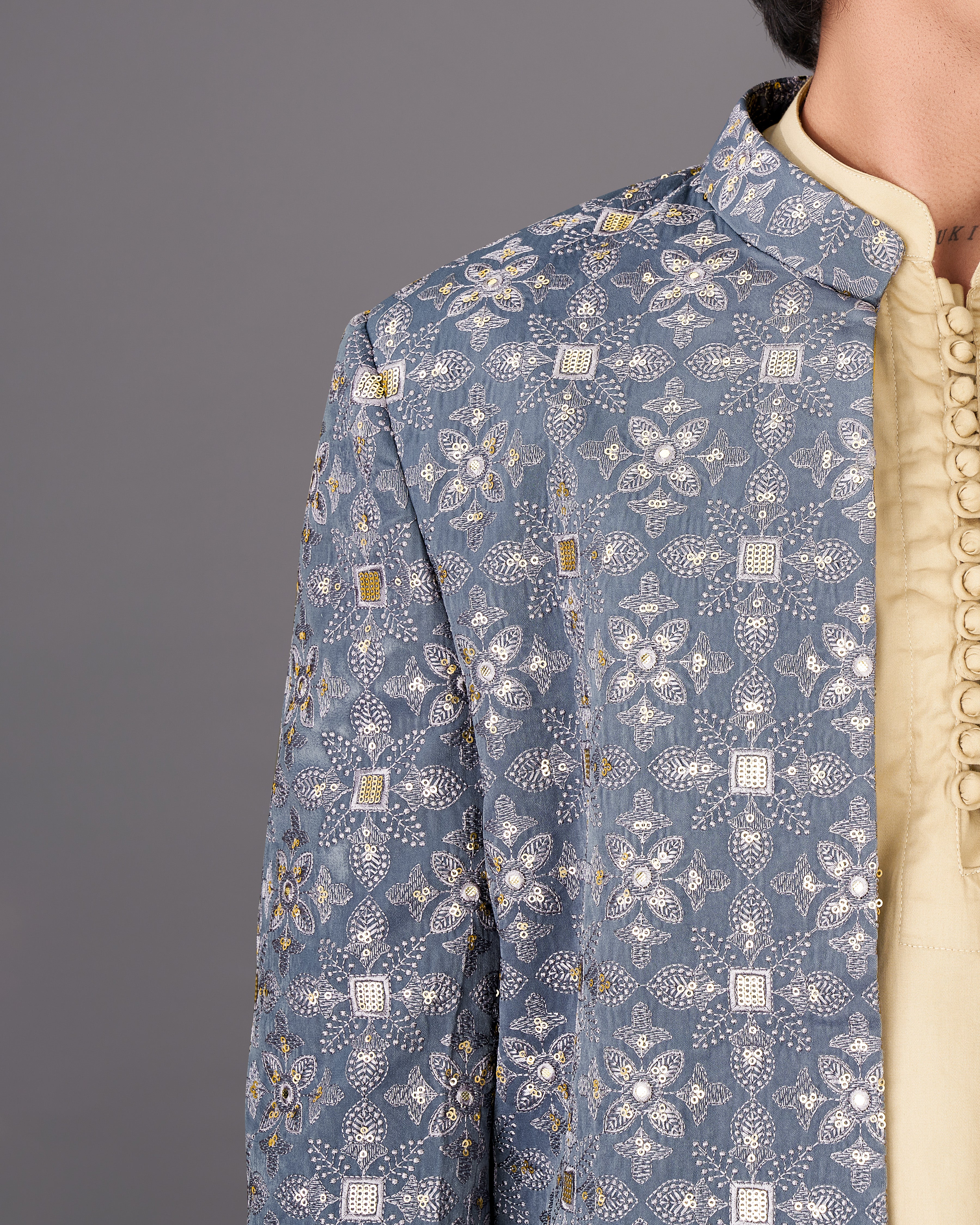 Dolphin Blue and Sequence Embroidered  Sherwani with Kurta and Pants Set SHR040-SRW24-36, SHR040-SRW24-38, SHR040-SRW24-40, SHR040-SRW24-42, SHR040-SRW24-44, SHR040-SRW24-46, SHR040-SRW24-48, SHR040-SRW24-50, SHR040-SRW24-52, SHR040-SRW24-54, SHR040-SRW24-56, SHR040-SRW24-58, SHR040-SRW24-60.