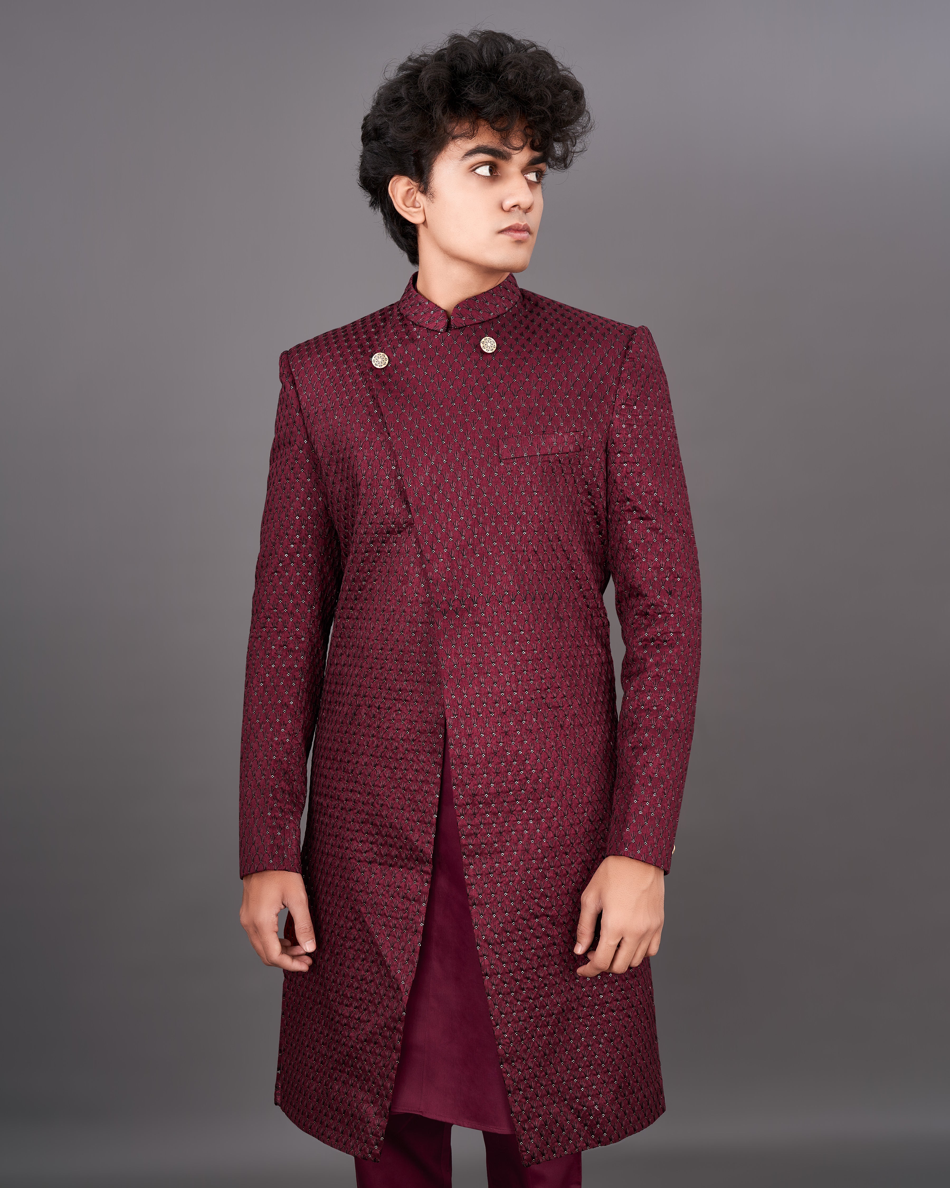 Espresso Maroon and Sequence Embroidered Sherwani with Kurta and Pants Set SH042-SRW21-36, SH042-SRW21-38, SH042-SRW21-40, SH042-SRW21-42, SH042-SRW21-44, SH042-SRW21-46, SH042-SRW21-48, SH042-SRW21-50, SH042-SRW21-52, SH042-SRW21-54, SH042-SRW21-56, SH042-SRW21-58, SH042-SRW21-60