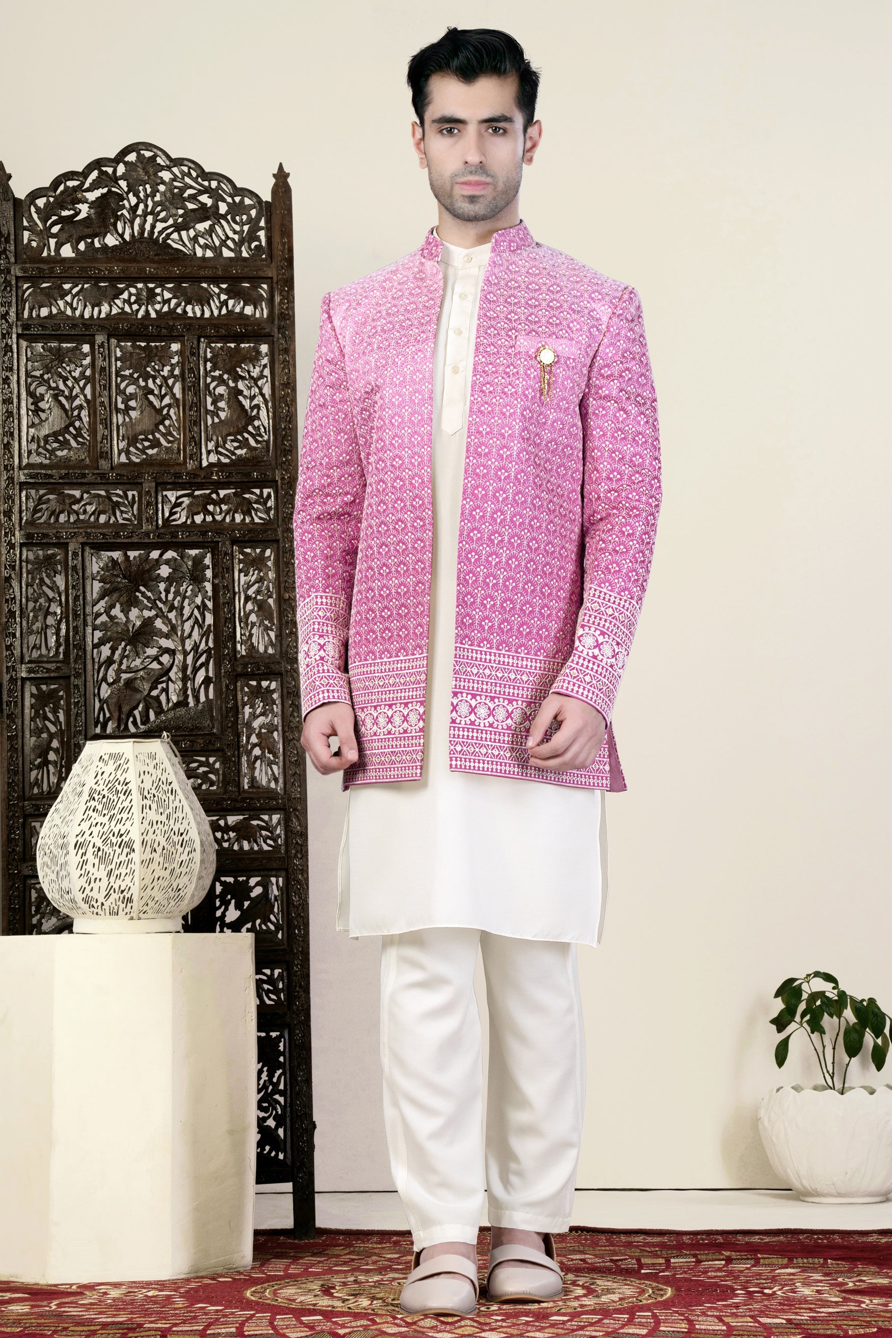 Bashful Pink and White Thread Embroidered Indo-Western