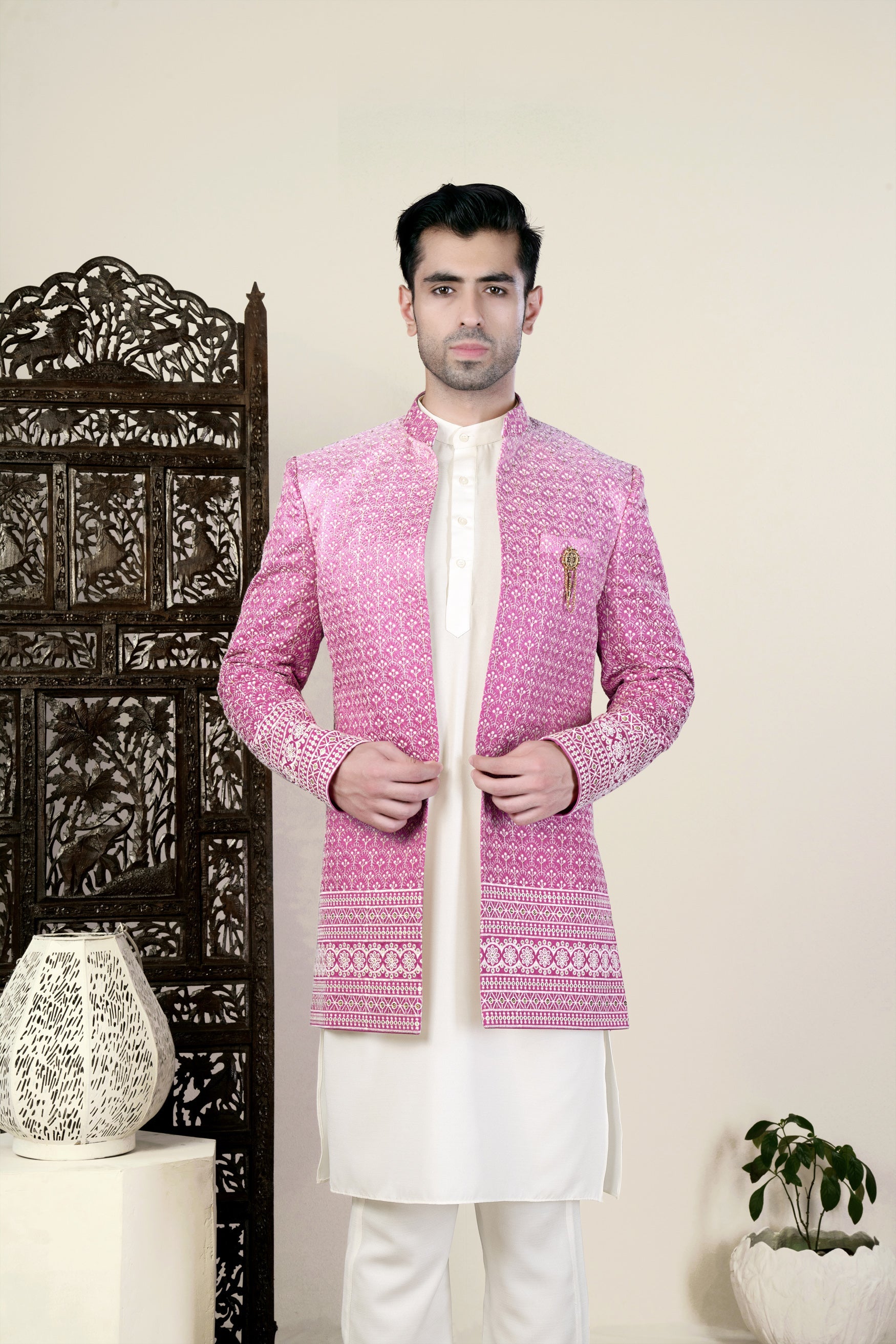 Bashful Pink and White Thread Embroidered Indo-Western