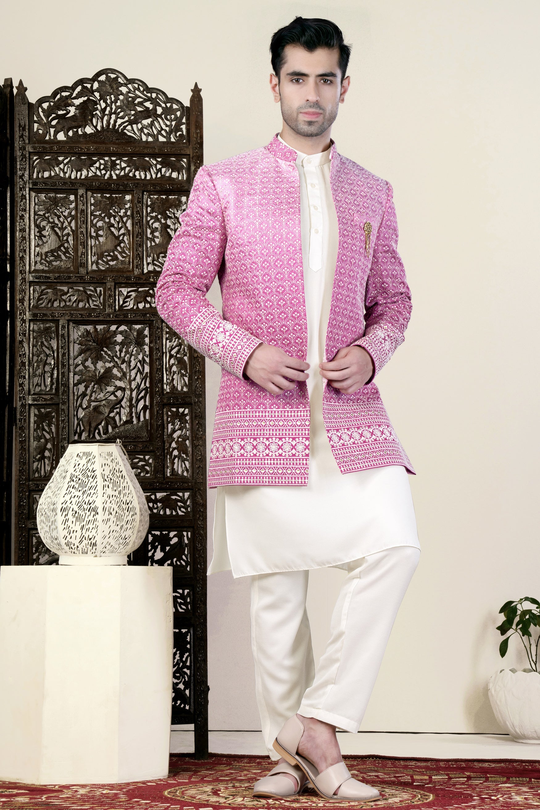 Bashful Pink and White Thread Embroidered Indo-Western