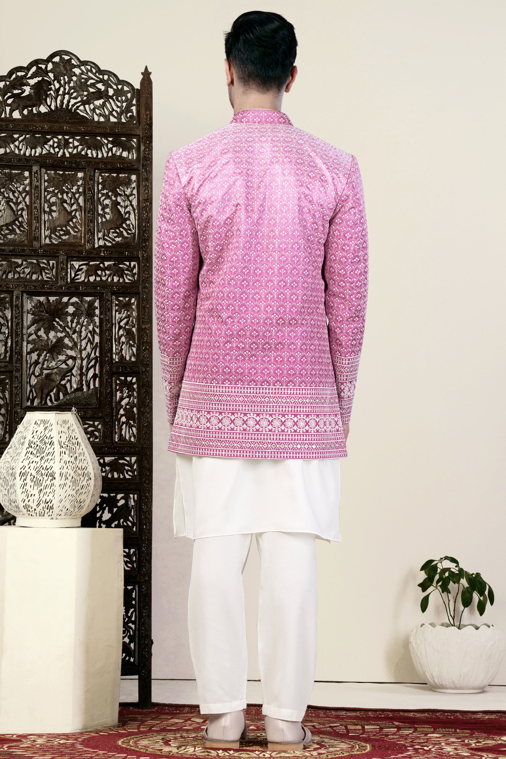 Bashful Pink and White Thread Embroidered Indo-Western