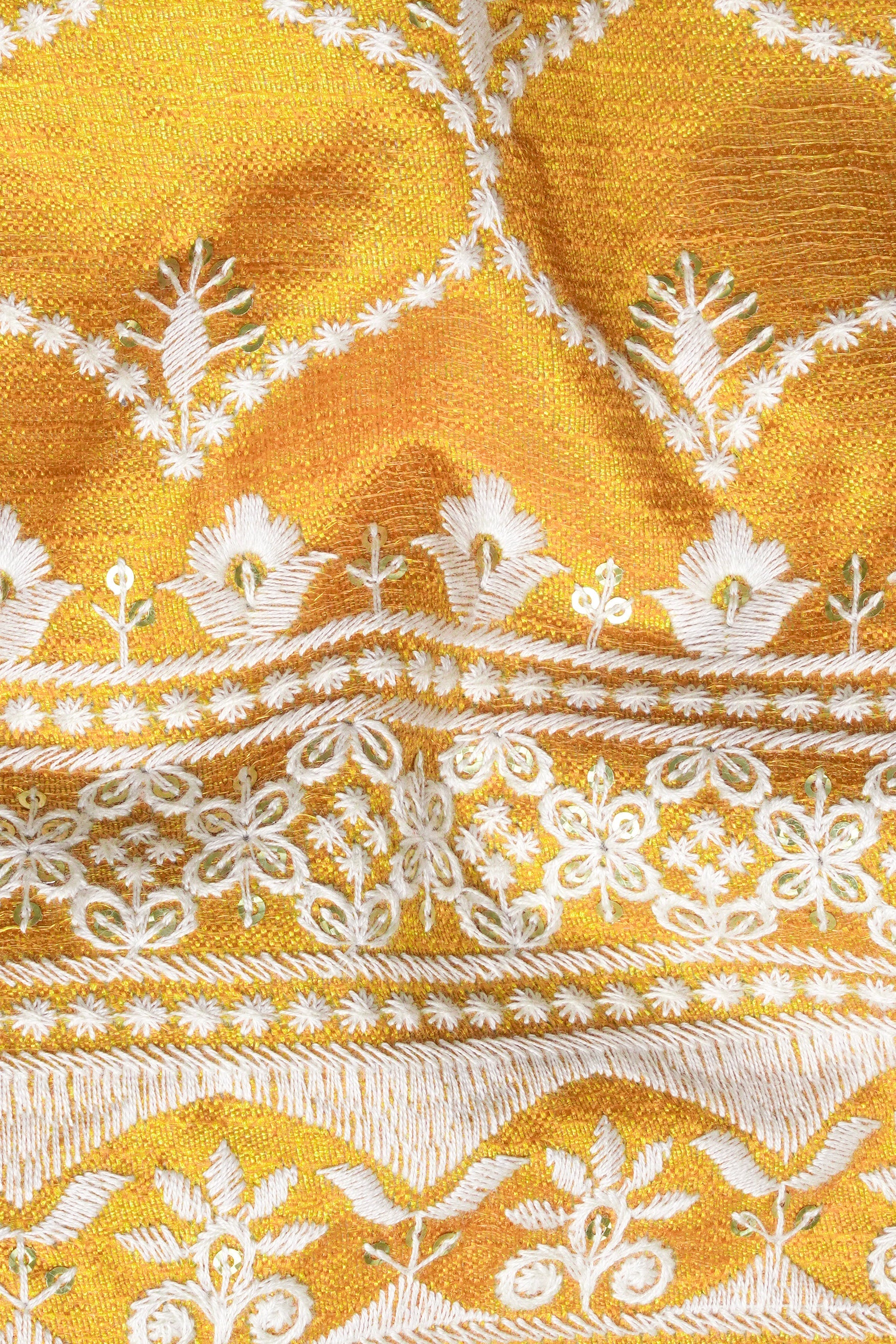 Bright White and Macaroni Yellow Ogee Thread and Sequin Embroidered Indo-Western