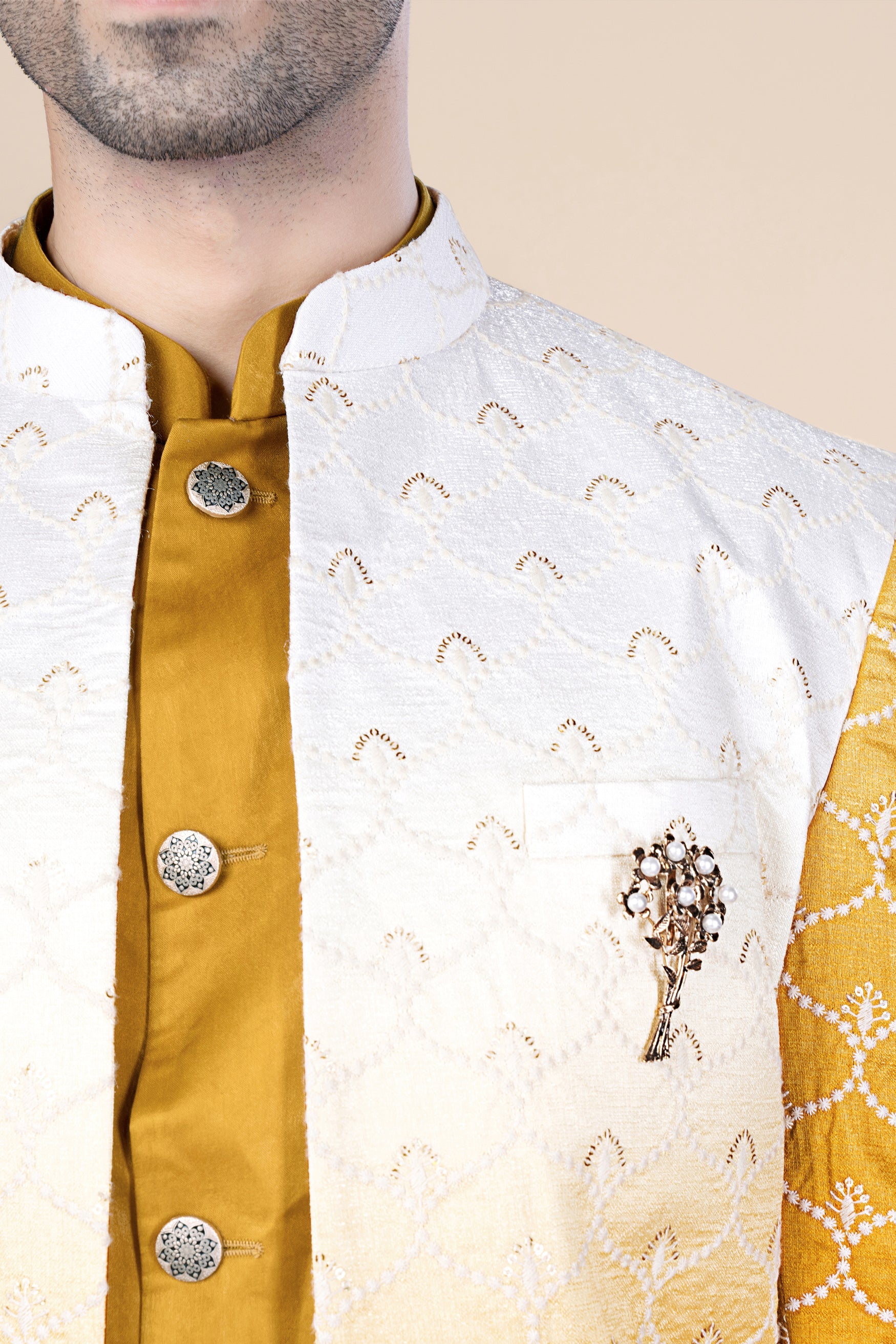 Bright White and Macaroni Yellow Ogee Thread and Sequin Embroidered Indo-Western