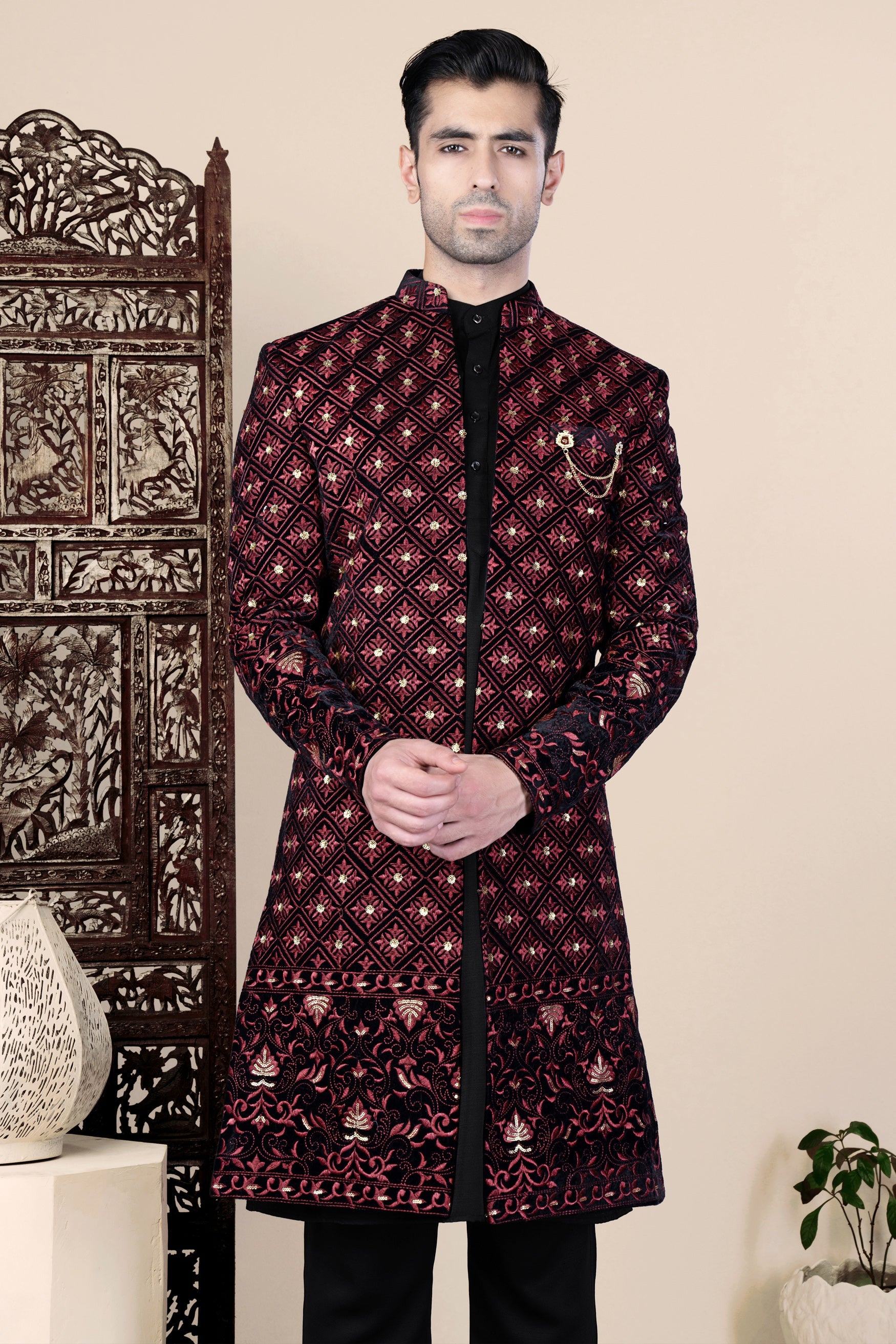 Jade Black and Cordovan Pink Geometric Thread and Sequin Embroidered Indo-Western
