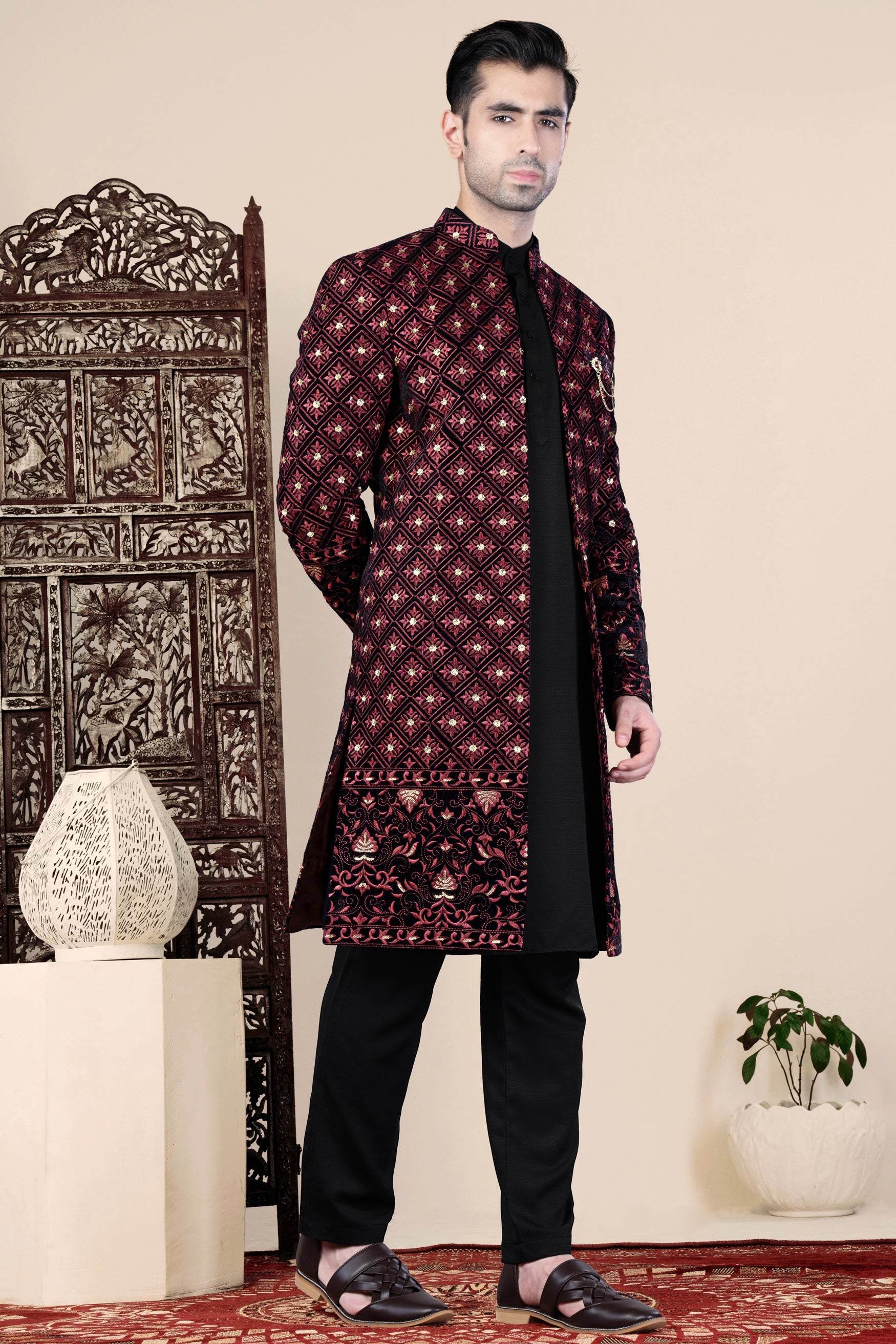 Jade Black and Cordovan Pink Geometric Thread and Sequin Embroidered Indo-Western