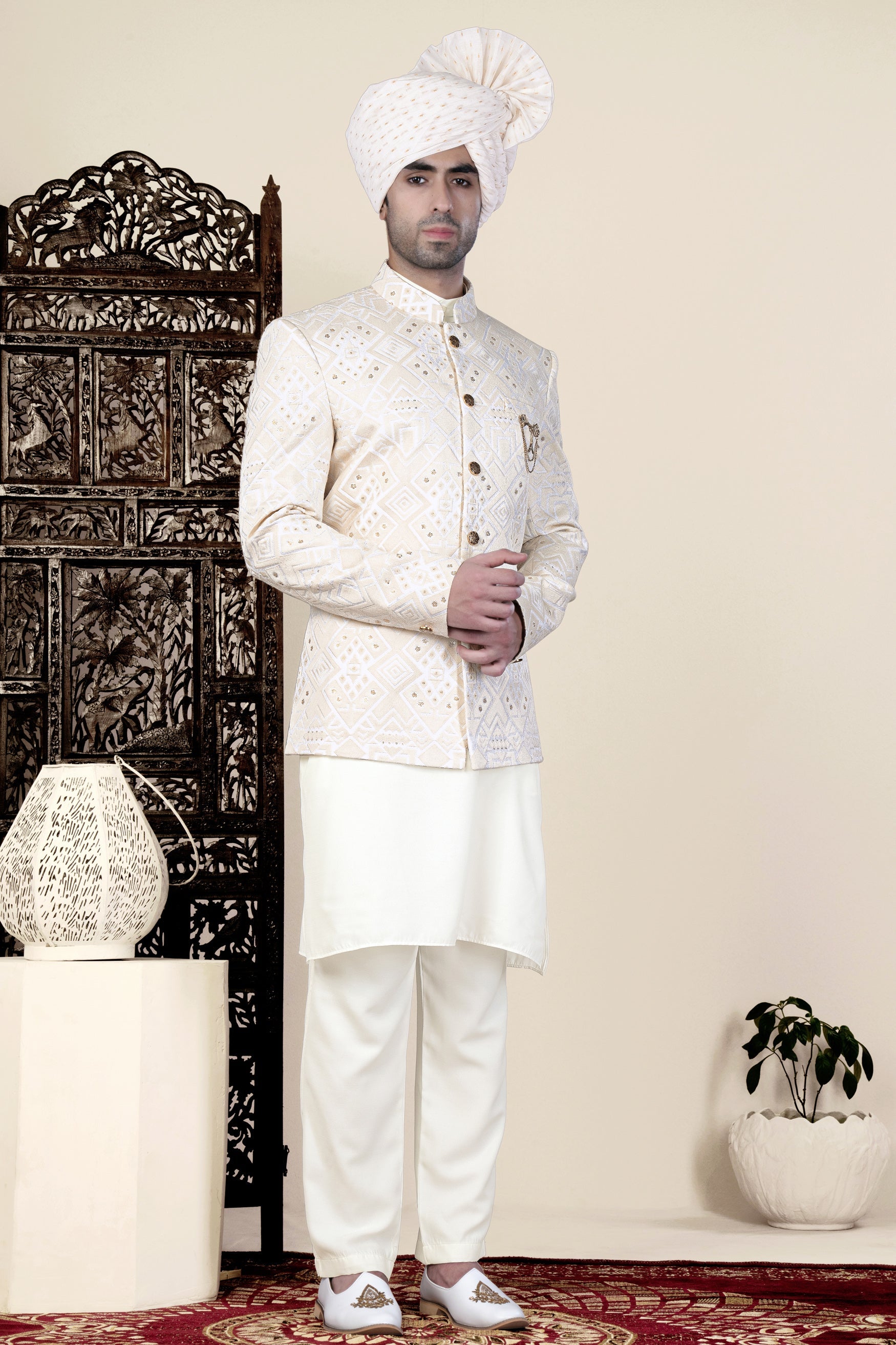 Sand Cream Geometric Thread and Sequin Embroidered Jodhpuri