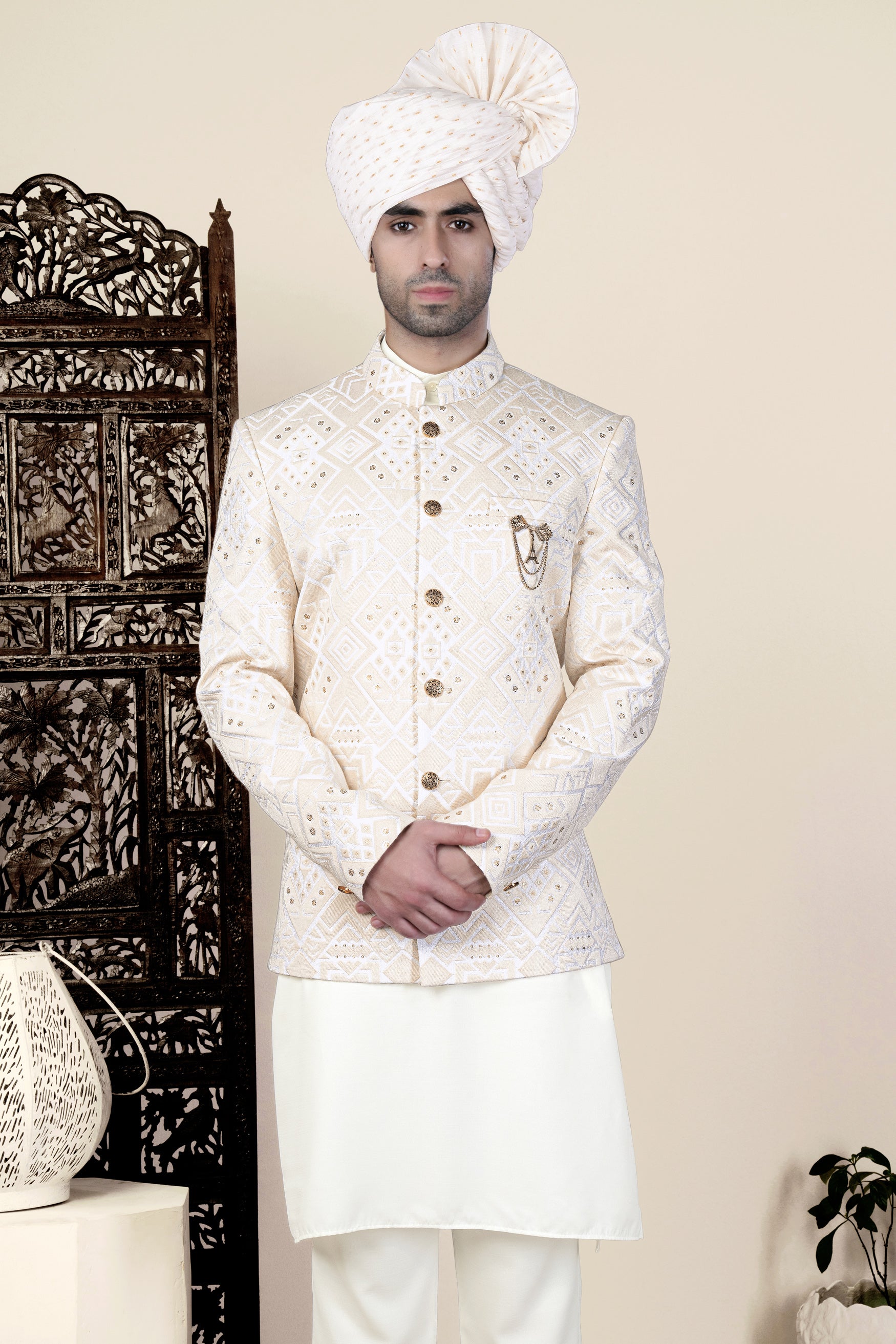 Sand Cream Geometric Thread and Sequin Embroidered Jodhpuri