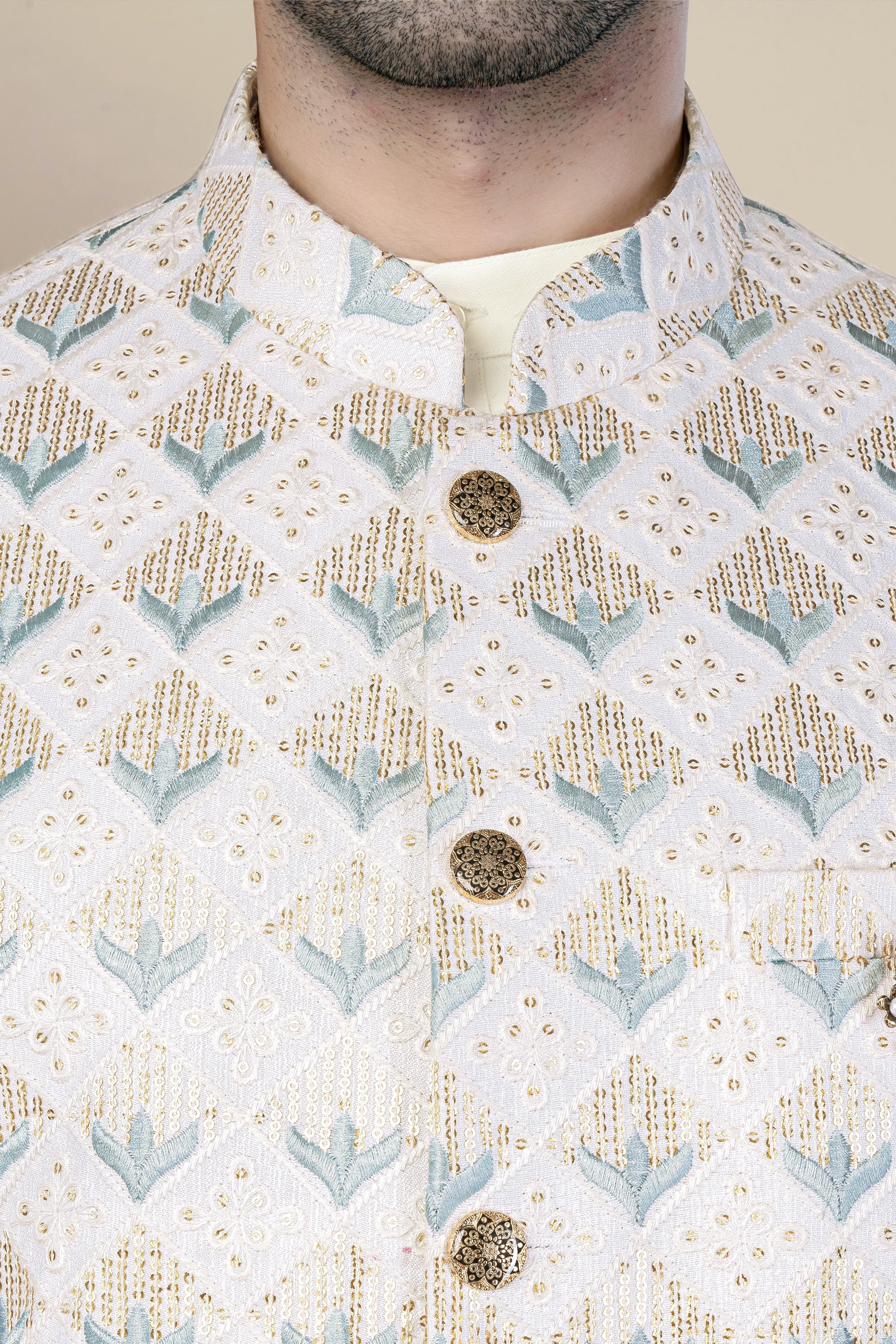 Sand Cream Geometric Thread and Sequin Embroidered Jodhpuri