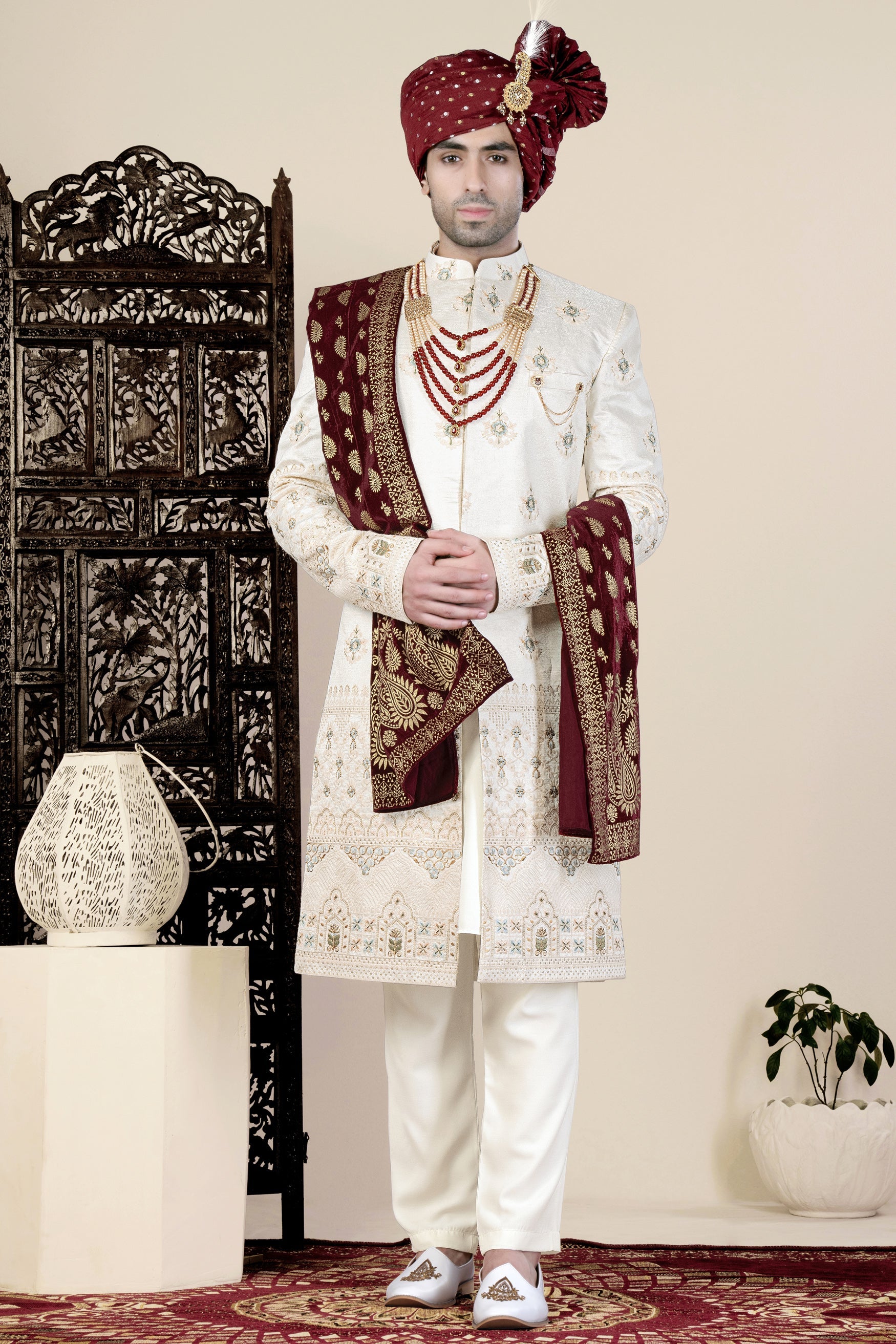 Eggshell Cream and Casper Blue Floral Thread and Sequin Embroidered Indo-Western Sherwani