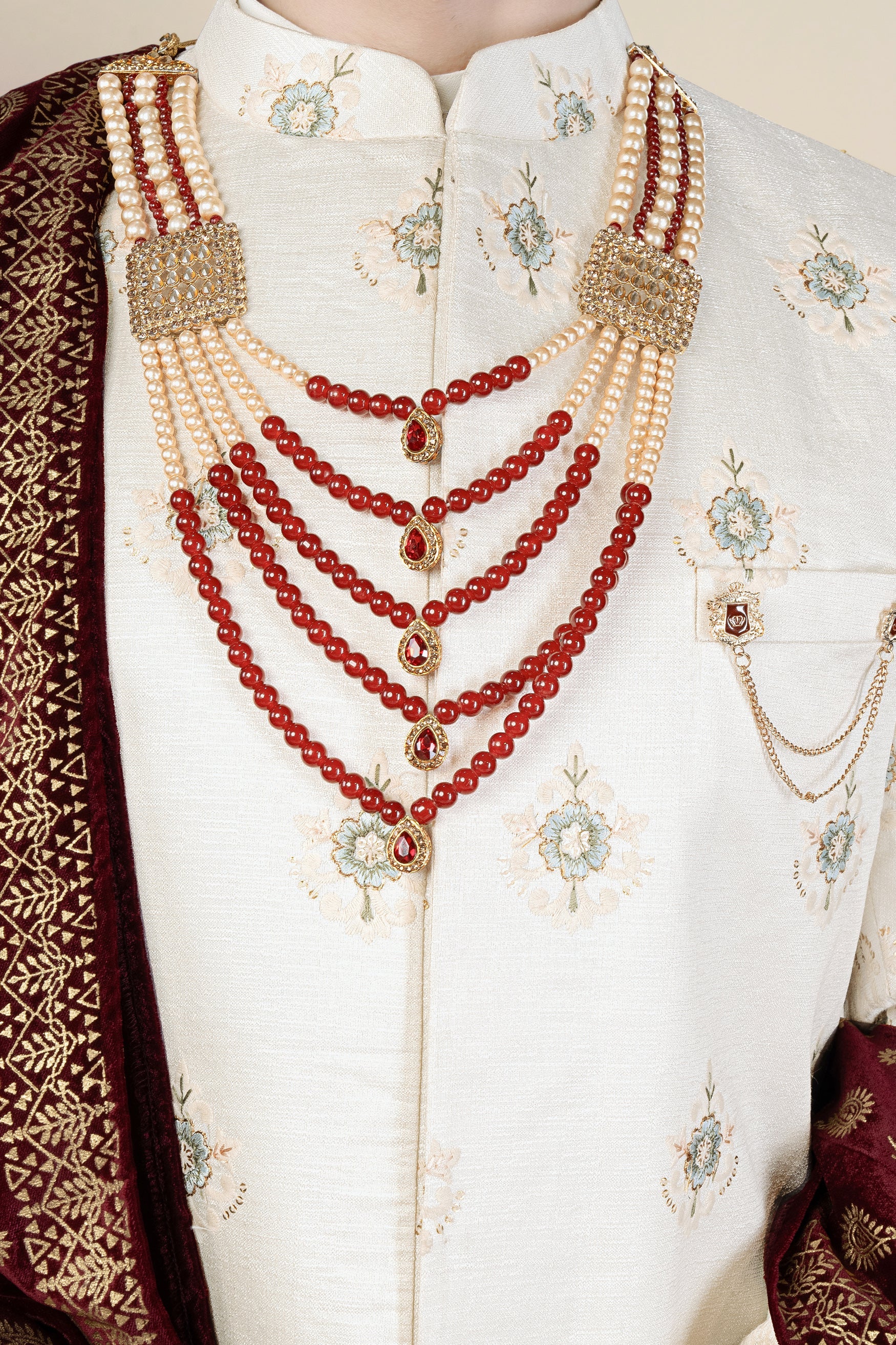 Eggshell Cream and Casper Blue Floral Thread and Sequin Embroidered Indo-Western Sherwani