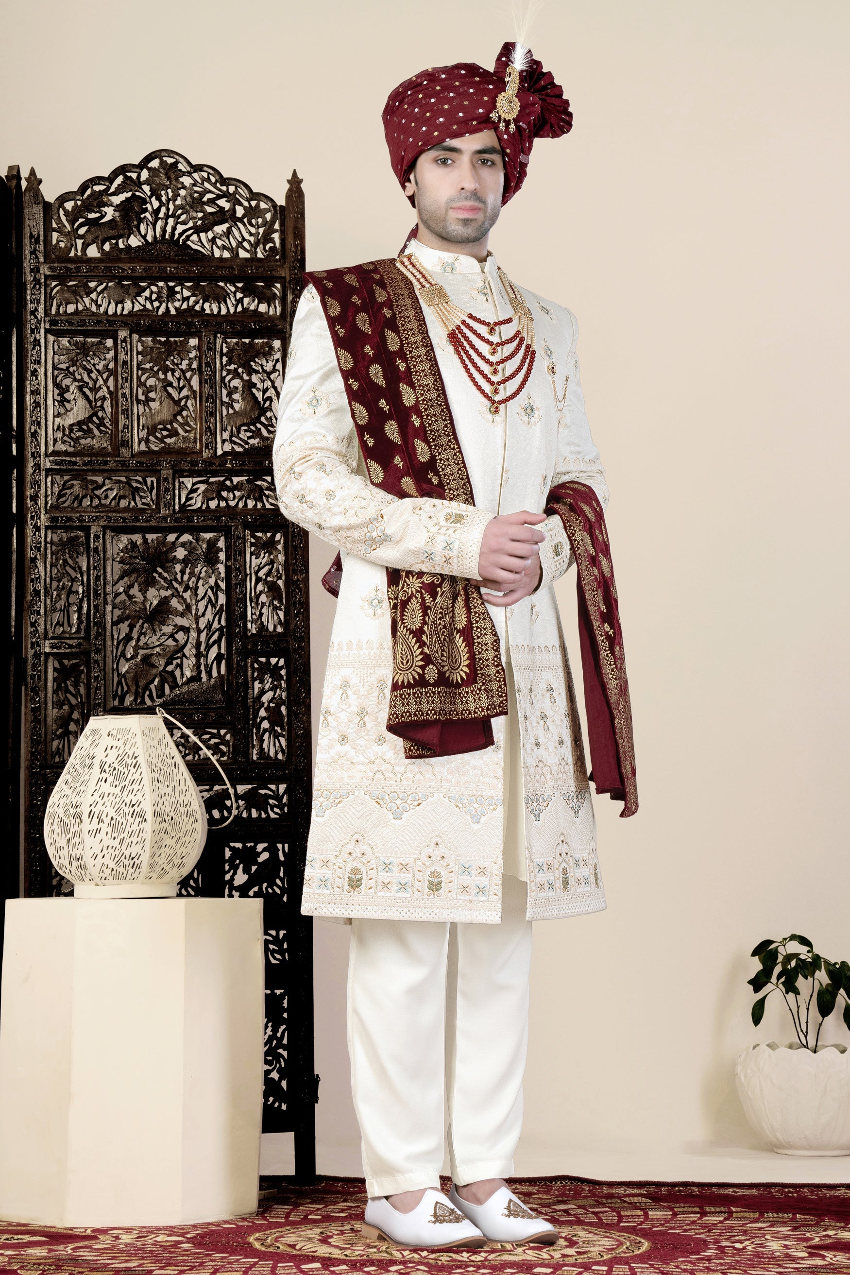 Eggshell Cream and Casper Blue Floral Thread and Sequin Embroidered Indo-Western Sherwani