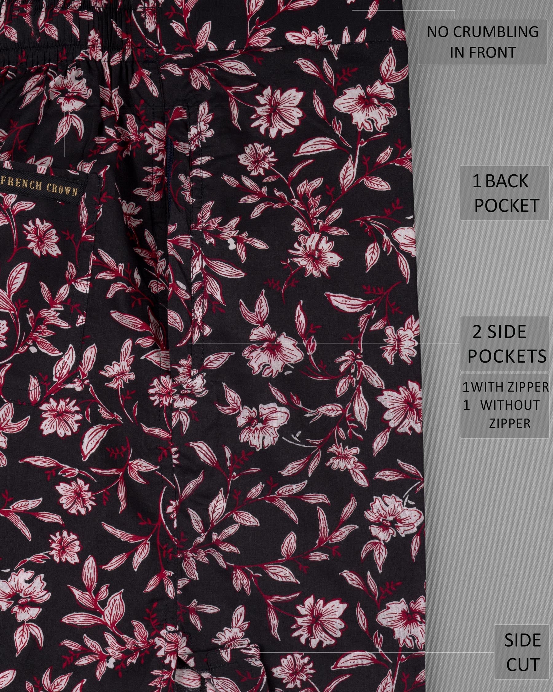 Jade Black Floral Printed Premium Cotton Shorts SR112-28, SR112-30, SR112-32, SR112-34, SR112-36, SR112-38, SR112-40, SR112-42, SR112-44