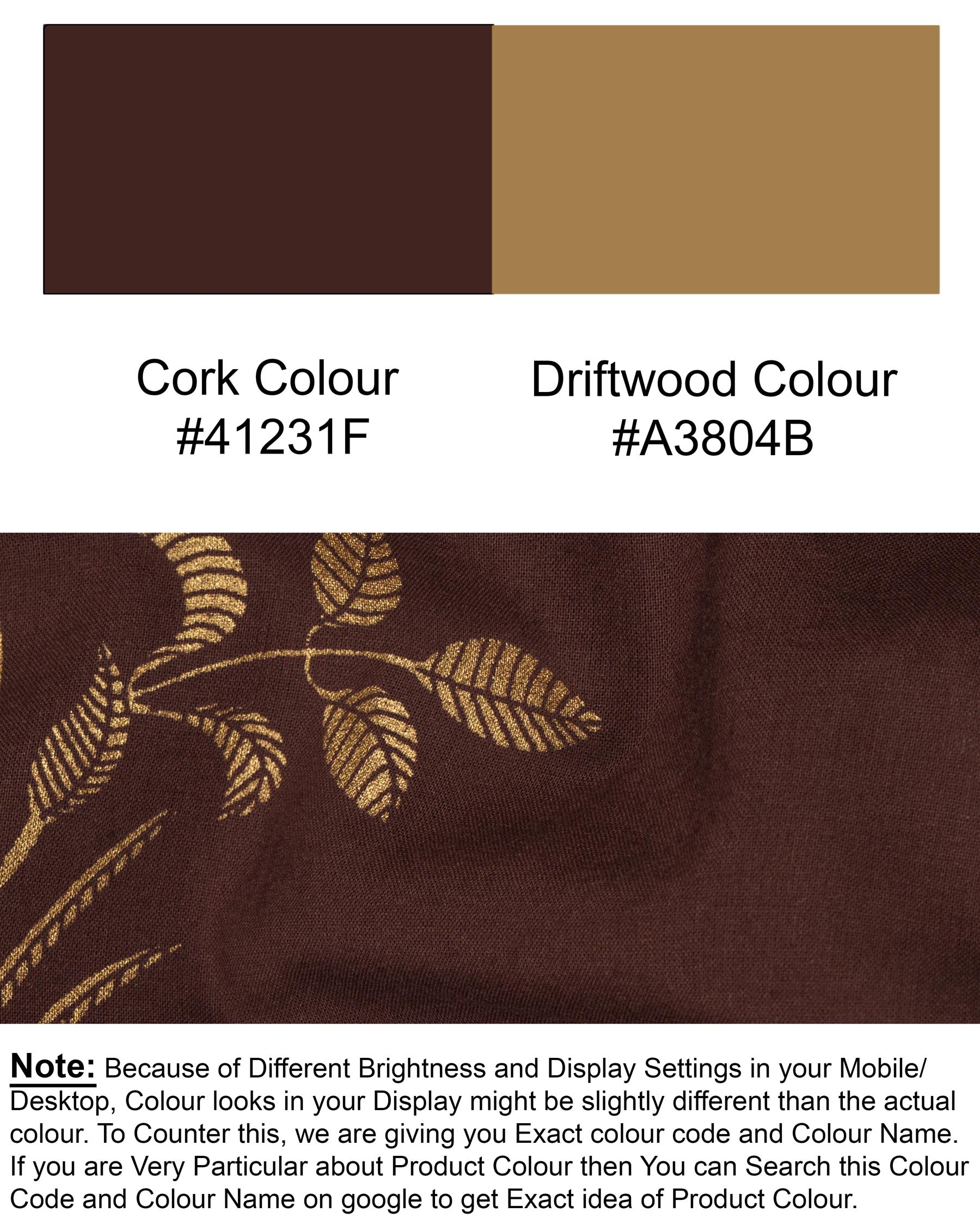 Cork Brown Golden Leaves Printed Premium Cotton Shorts SR114-28, SR114-30, SR114-32, SR114-34, SR114-36, SR114-38, SR114-40, SR114-42, SR114-44
