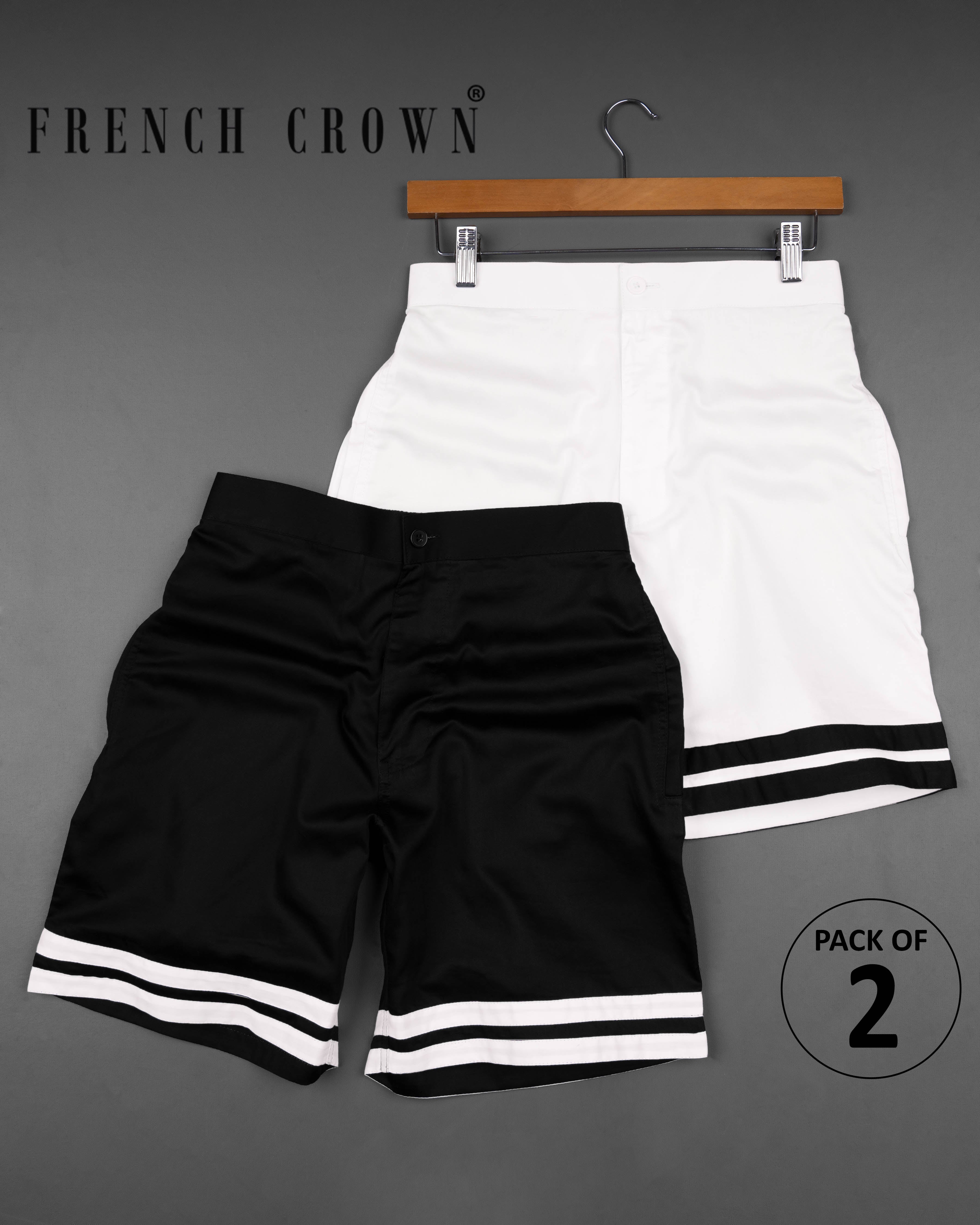 Jade Black And Bright White Plain-Solid Premium Cotton Shorts For Men