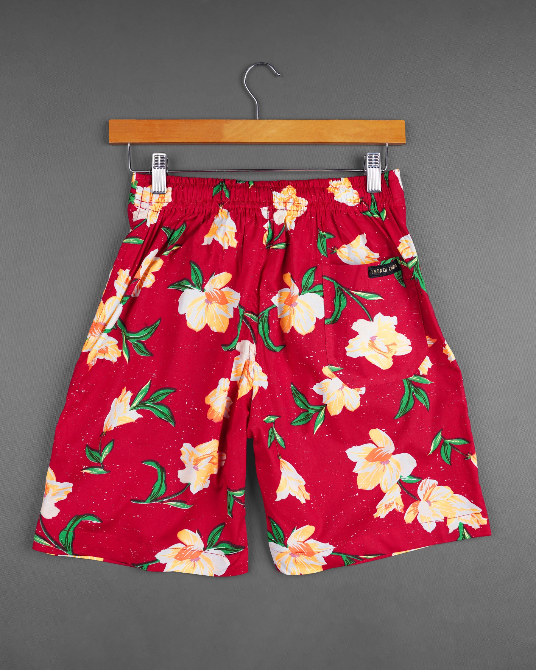 Crimson Red Floral Printed Premium Cotton Designer Shorts SR159-28, SR159-30, SR159-32, SR159-34, SR159-36, SR159-38, SR159-40, SR159-42, SR159-44