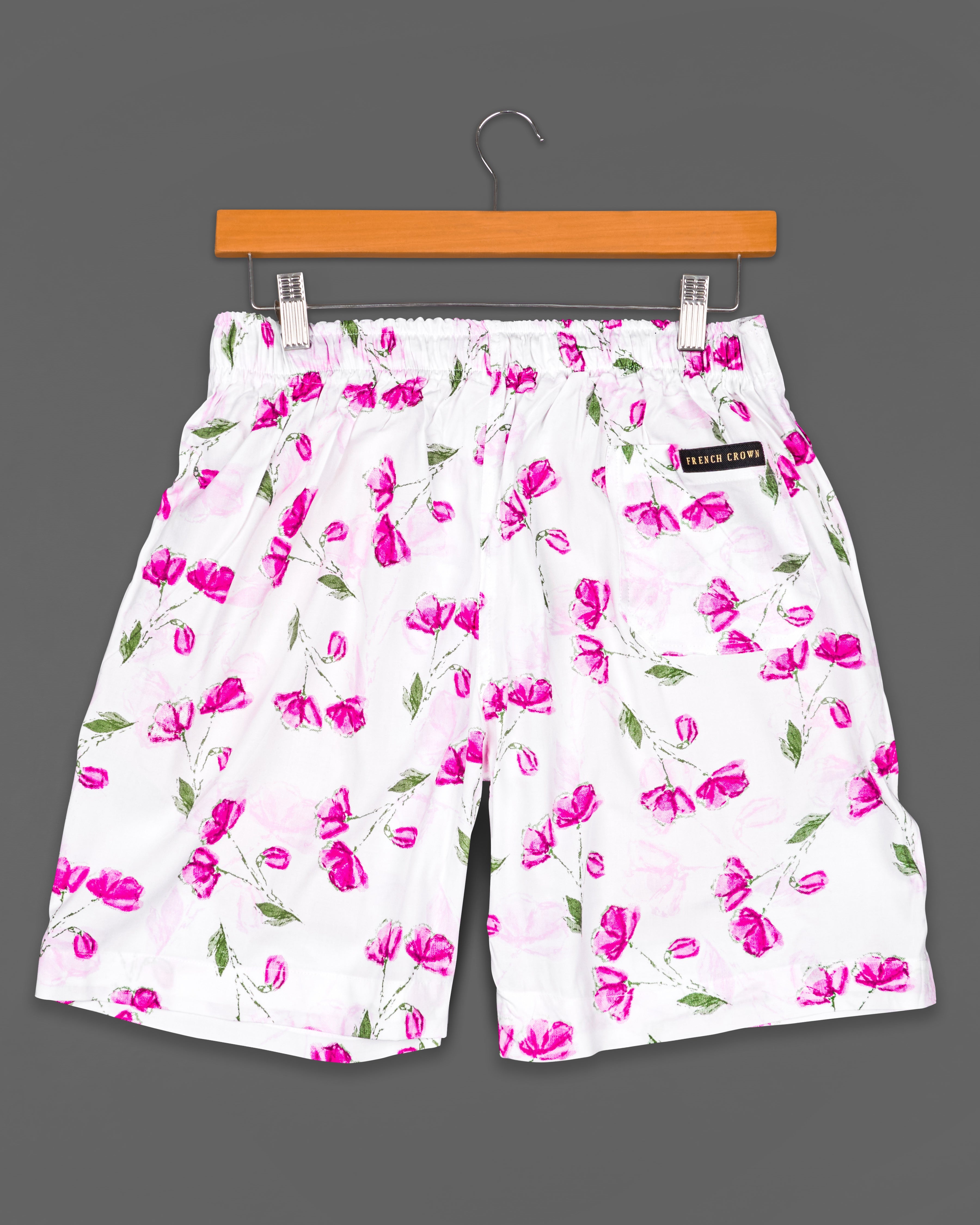 Bright White Rose Printed Premium Cotton Shorts SR189-28, SR189-30, SR189-32, SR189-34, SR189-36, SR189-38, SR189-40, SR189-42, SR189-44