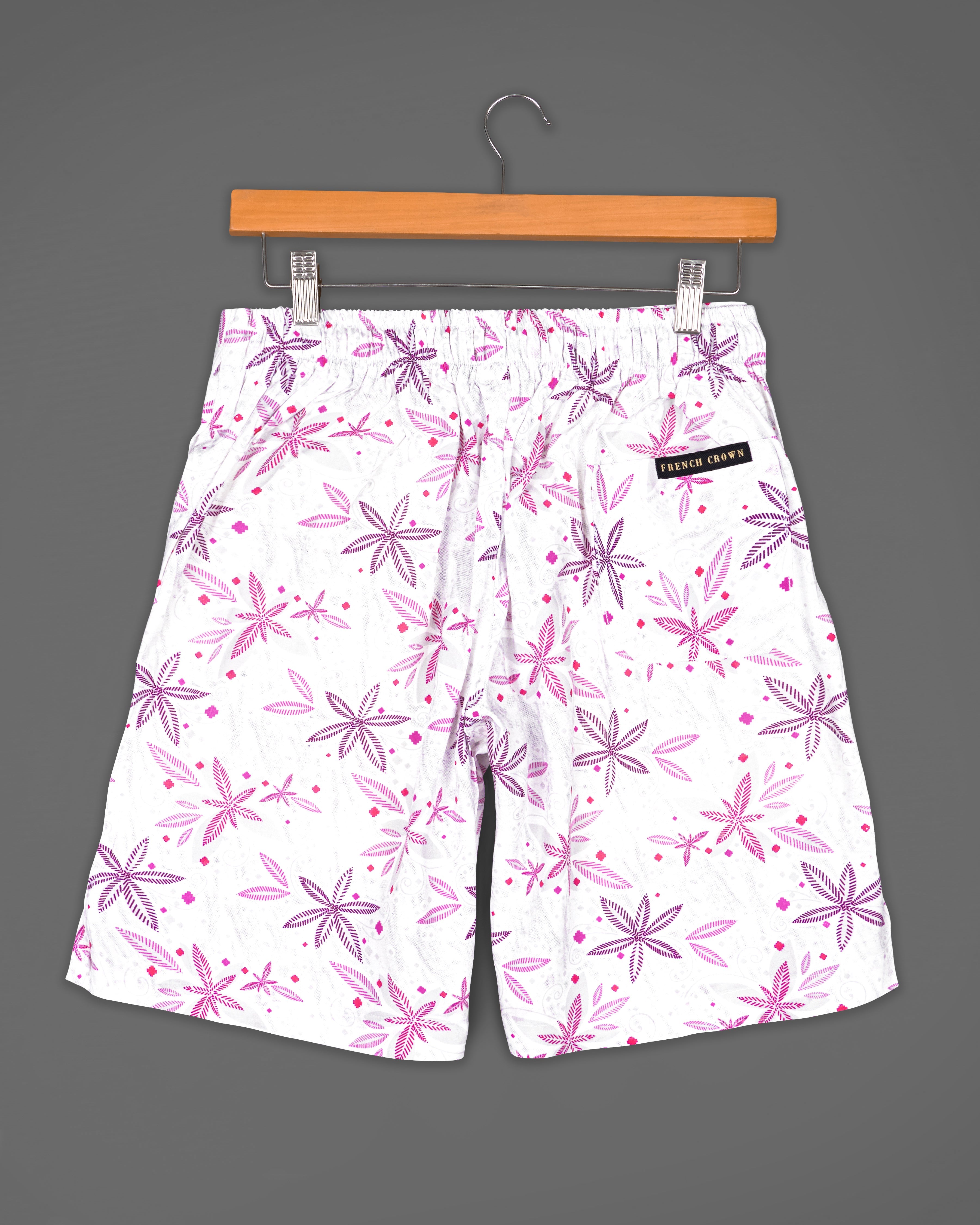 Bright White with Fuchsia Pink Printed Premium Cotton Shorts SR193-28, SR193-30, SR193-32, SR193-34, SR193-36, SR193-38, SR193-40, SR193-42, SR193-44