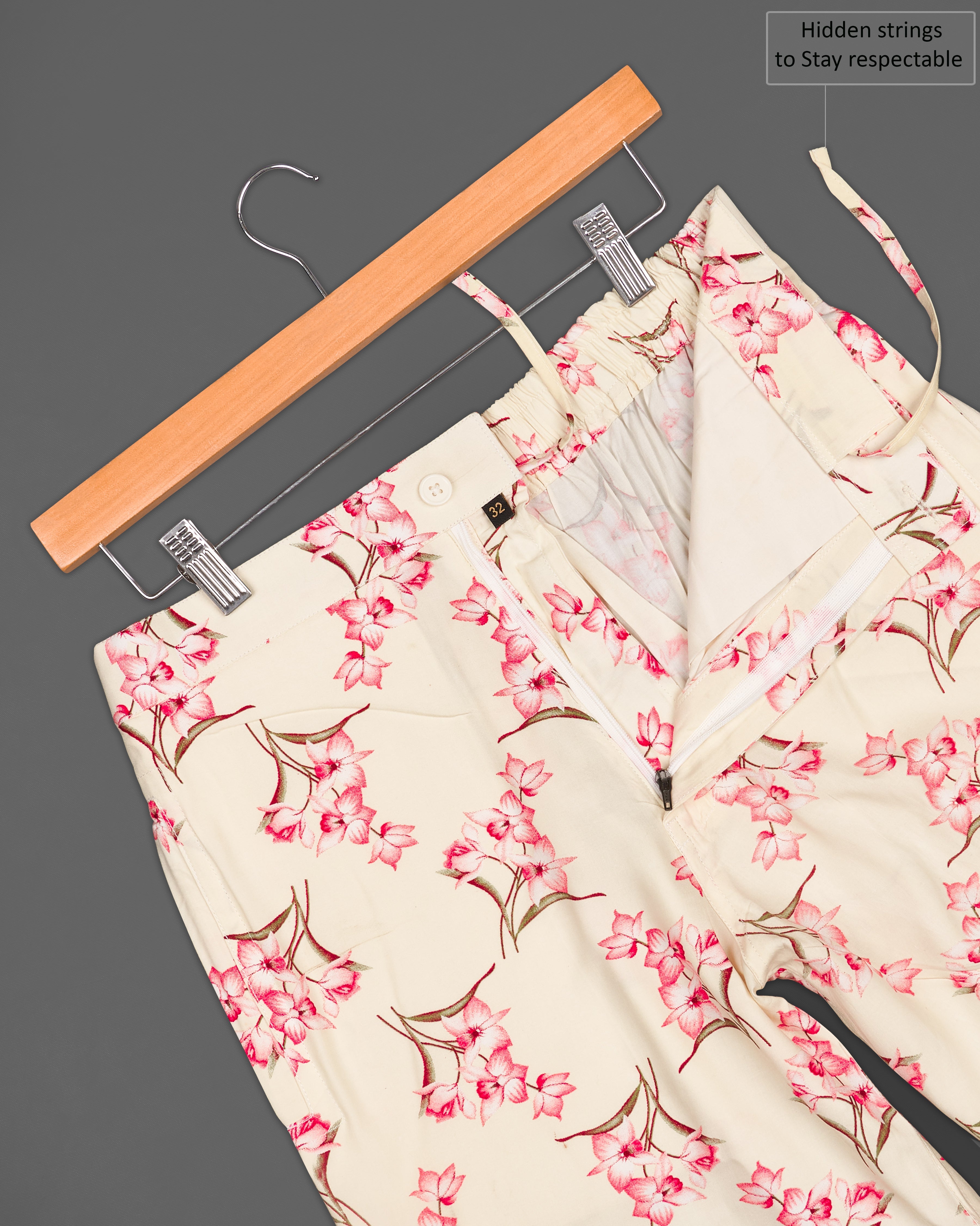 Eggshell Beige Floral Printed Premium Cotton Shorts SR195-28, SR195-30, SR195-32, SR195-34, SR195-36, SR195-38, SR195-40, SR195-42, SR195-44