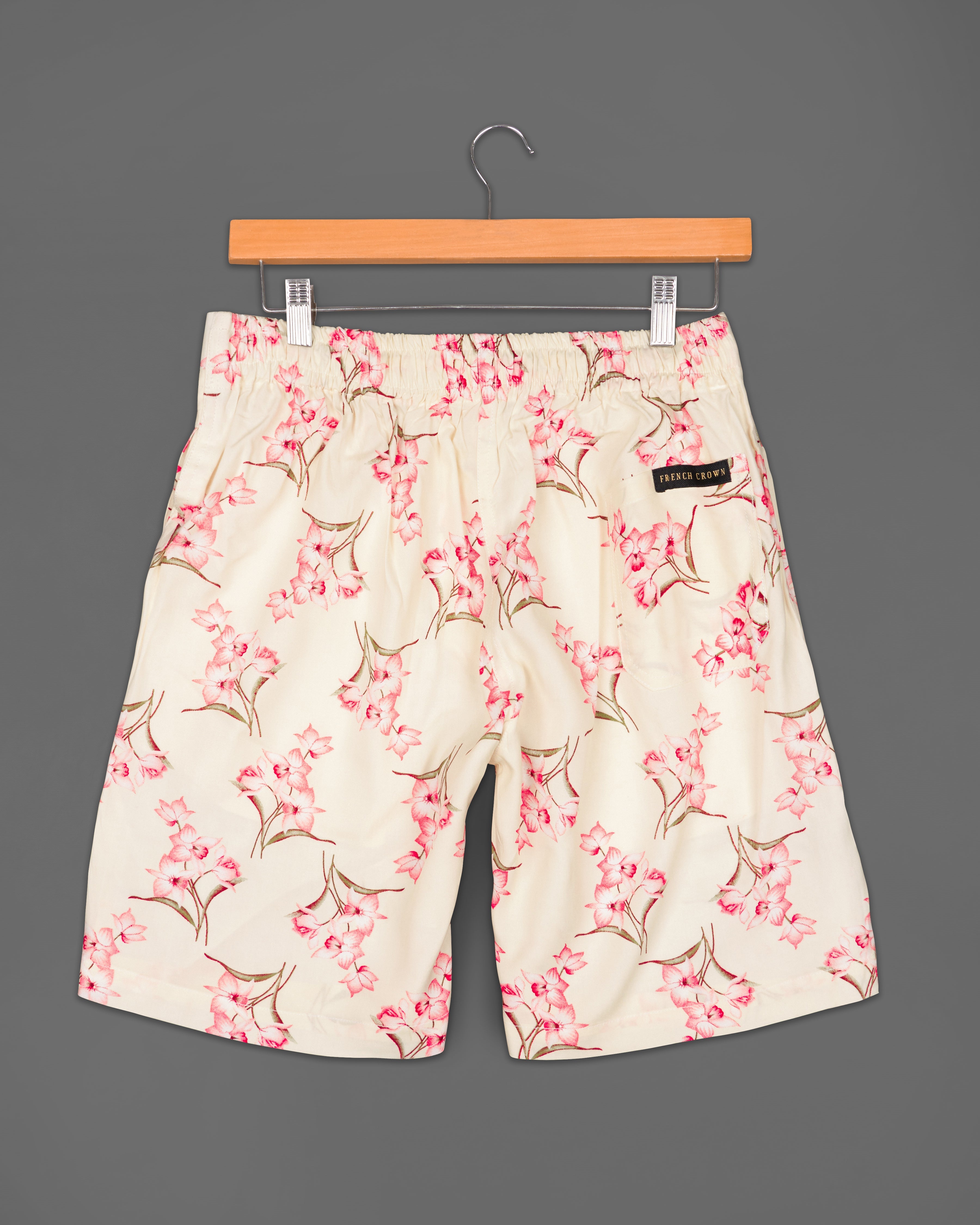 Eggshell Beige Floral Printed Premium Cotton Shorts SR195-28, SR195-30, SR195-32, SR195-34, SR195-36, SR195-38, SR195-40, SR195-42, SR195-44