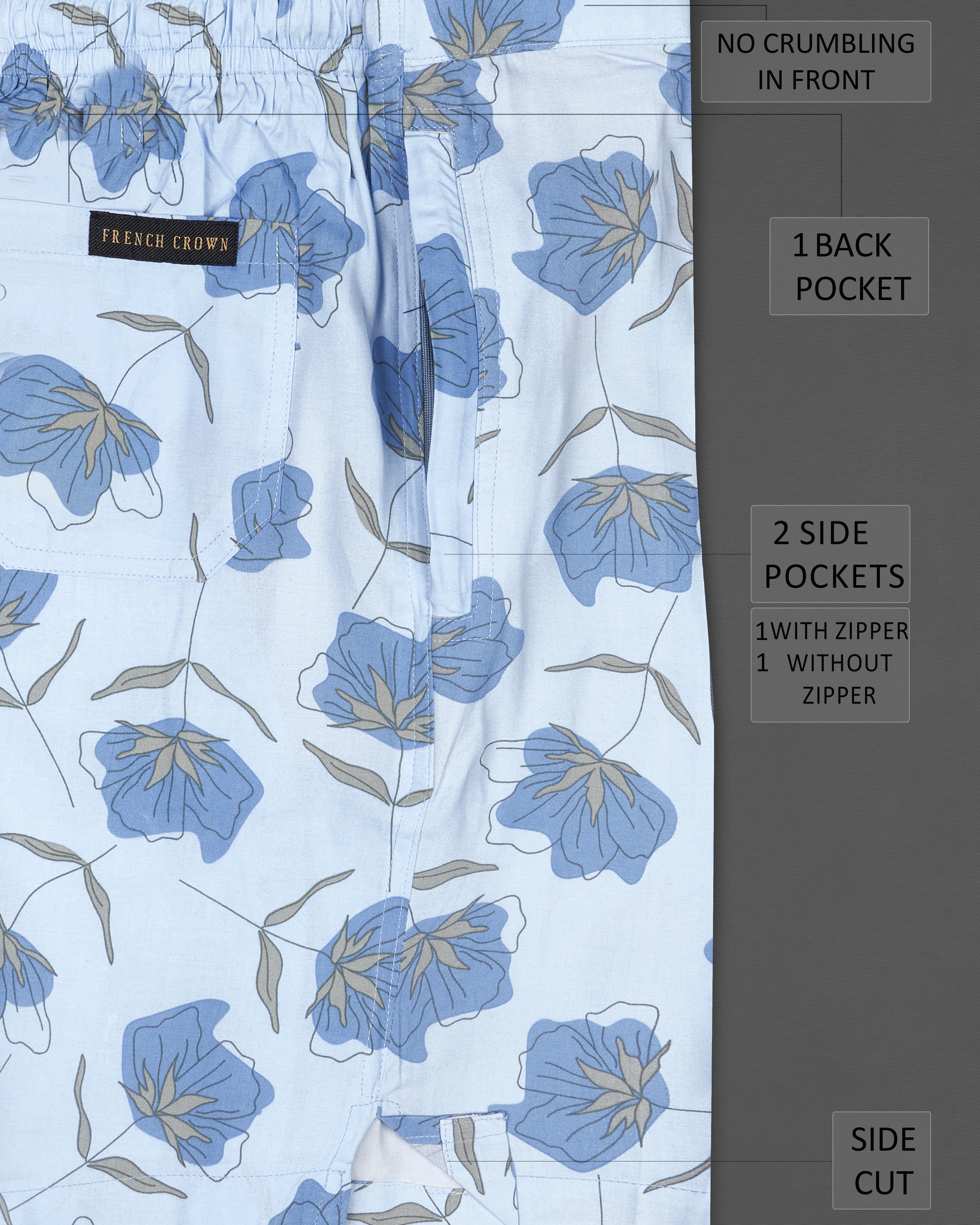 Tropical Blue Floral Printed Premium Cotton Shorts SR202-28, SR202-30, SR202-32, SR202-34, SR202-36, SR202-38, SR202-40, SR202-42, SR202-44