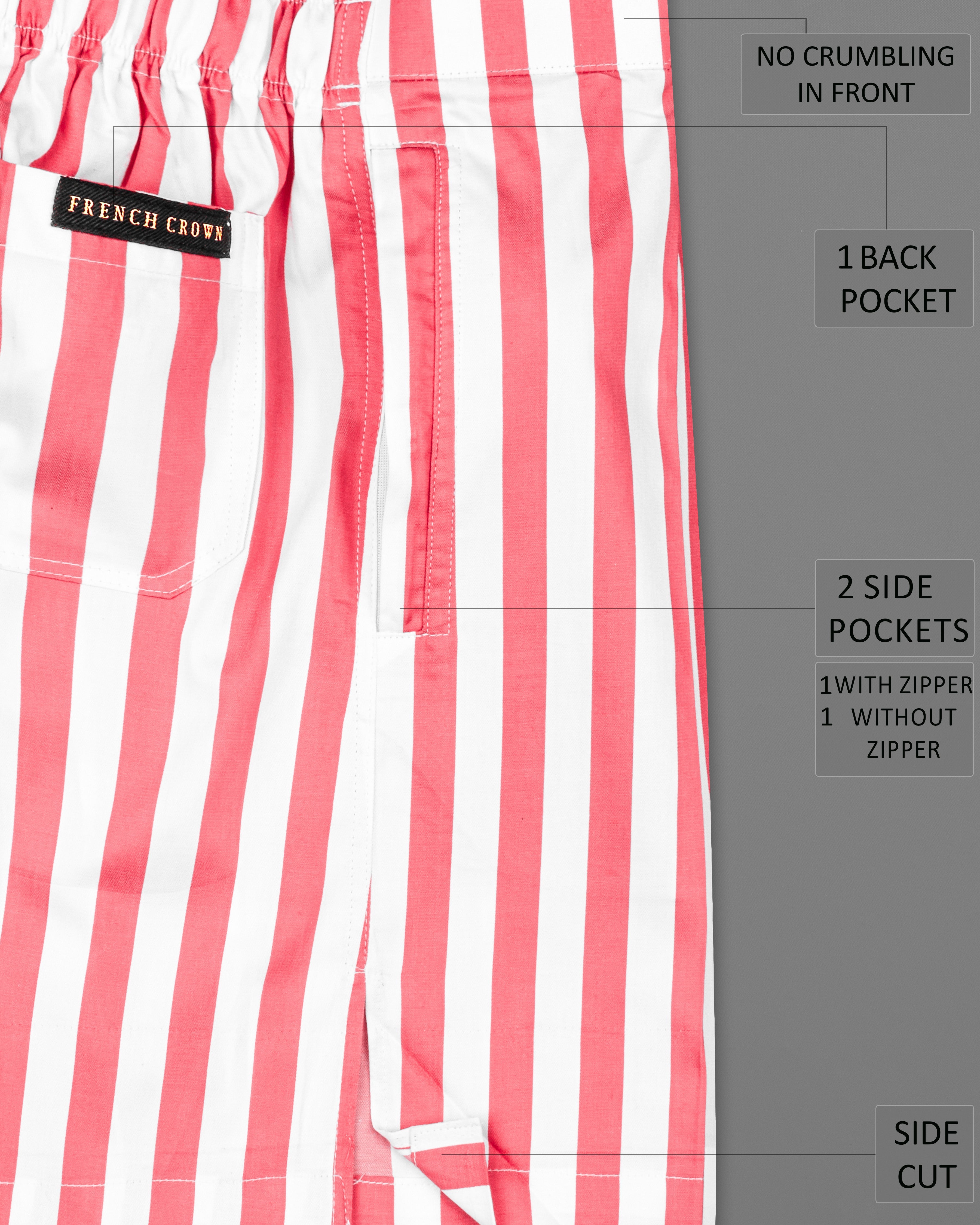 Geraldine Pink and White Striped Twill Premium Cotton Shorts SR211-28, SR211-30, SR211-32, SR211-34, SR211-36, SR211-38, SR211-40, SR211-42, SR211-44