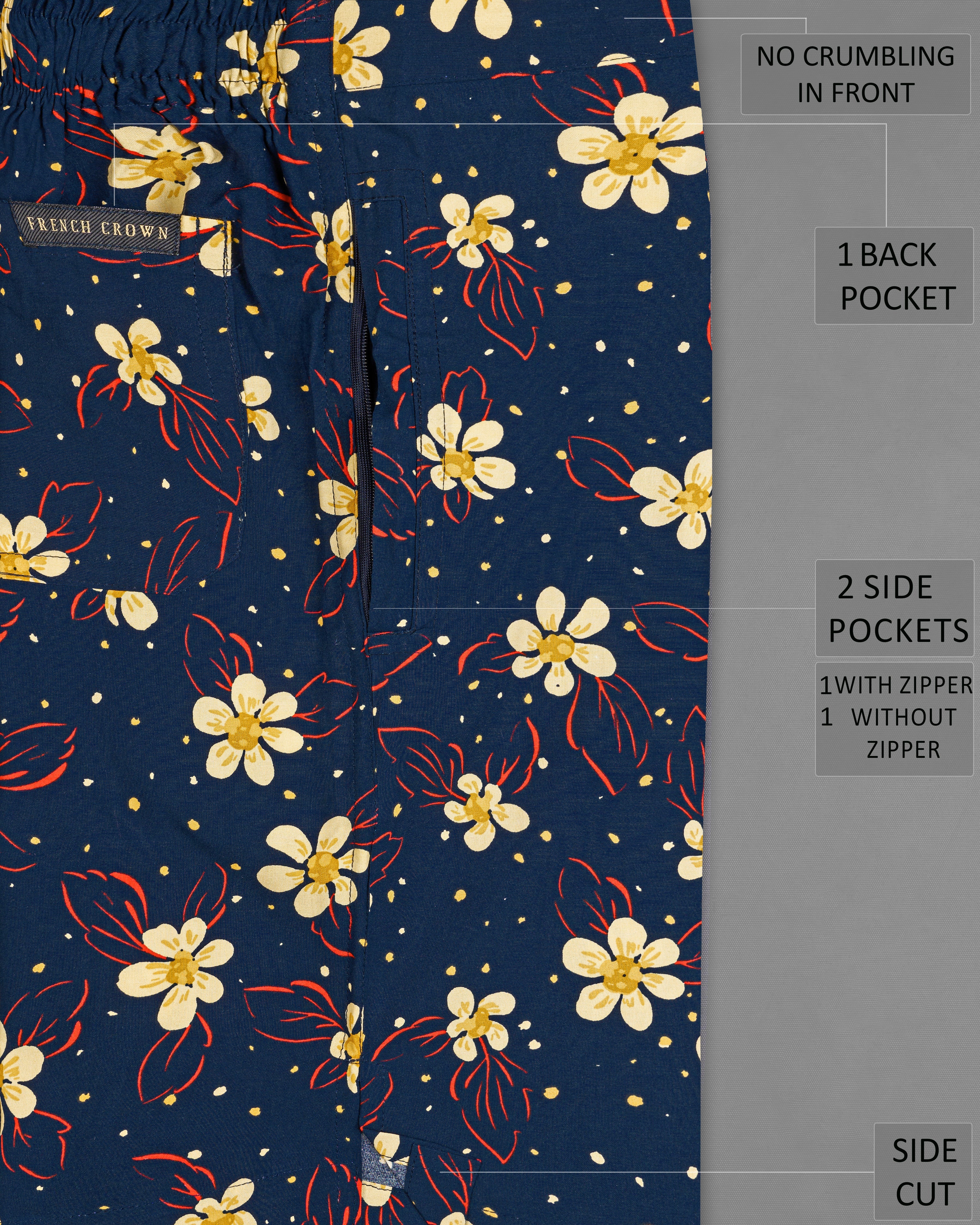 Midnight Navy Blue Floral Printed Premium Cotton Shorts SR235-28, SR235-30, SR235-32, SR235-34, SR235-36, SR235-38, SR235-40, SR235-42, SR235-44